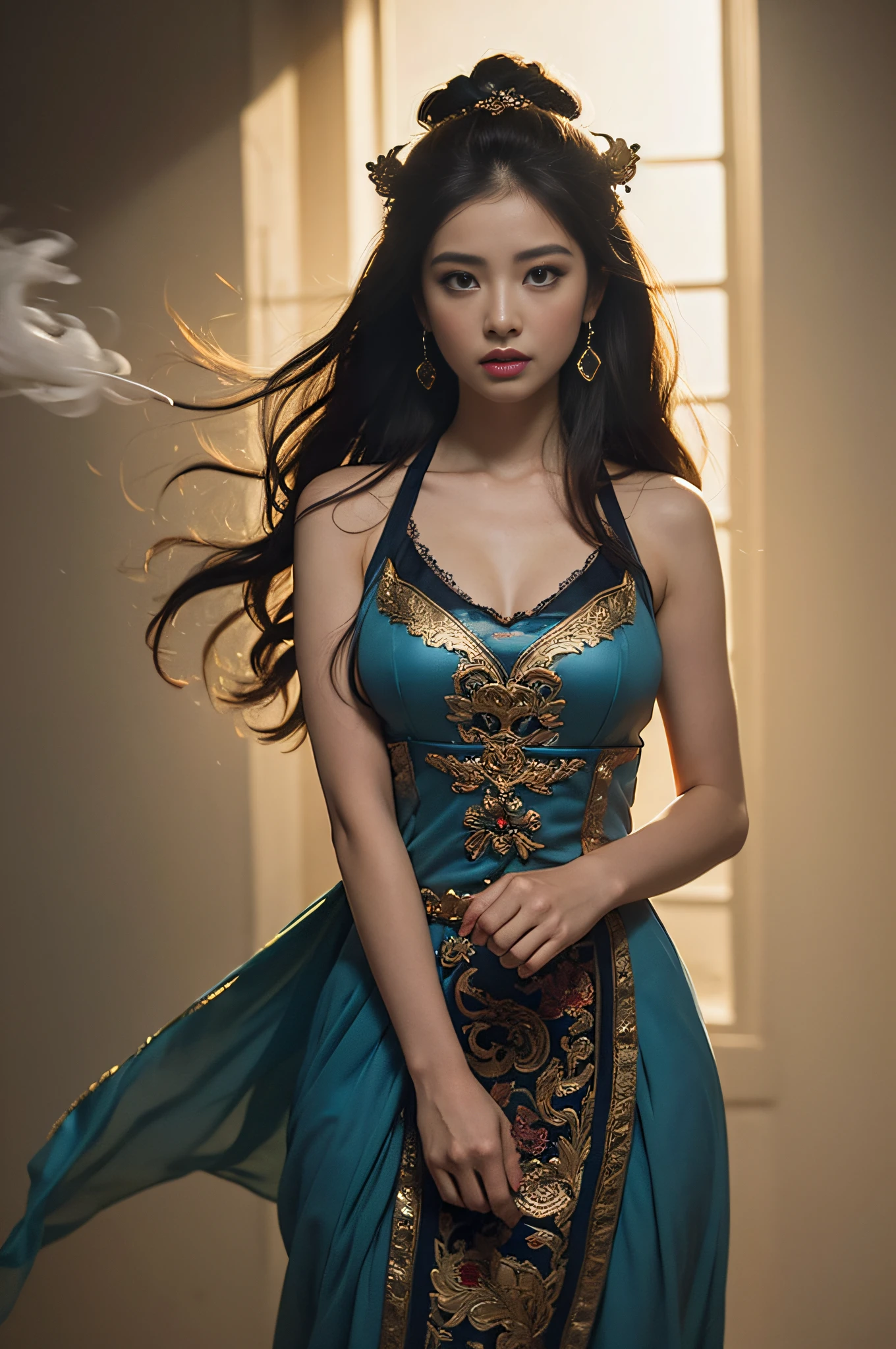 1girl, Dunhuang Flying Apsaras costume, messy long hair, Ji Jian, Dunhuang style, a lot of smoke, superb, elegant colors, (realistic, high detail, masterpiece, super detailed, dynamic angle, mural background, ink wash, amazing, movie lighting, illustration, chiaroscuro, backlighting, god rays, holland, best quality, best quality