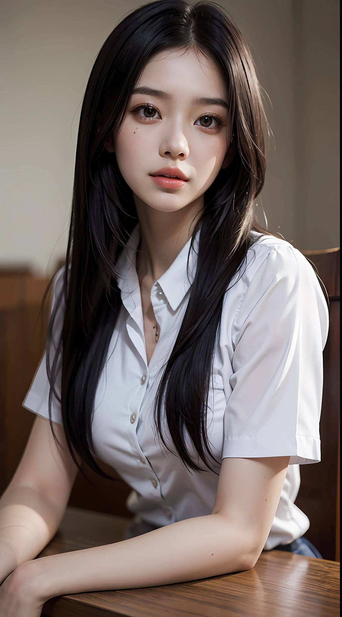 Asian woman sitting at table in school uniform，Inspired by photos，realistness，with long hair and piercing eyes，Young and cute Korean face，Beautiful highschool girl，Surrealism female student，Surrealism female student，Cute doting eyes，Fix photo details，Increase clarity，Hair details are optimized，Eyebrow detail optimization，Eyelash detail optimisation，Eye detail optimization，Lip optimisation details，Dental optimization details，Increase realism，Skin optimization，White and tender skin，Delicate skin，Gentle skin texture，Delicate skin texture，Perfect body curves，