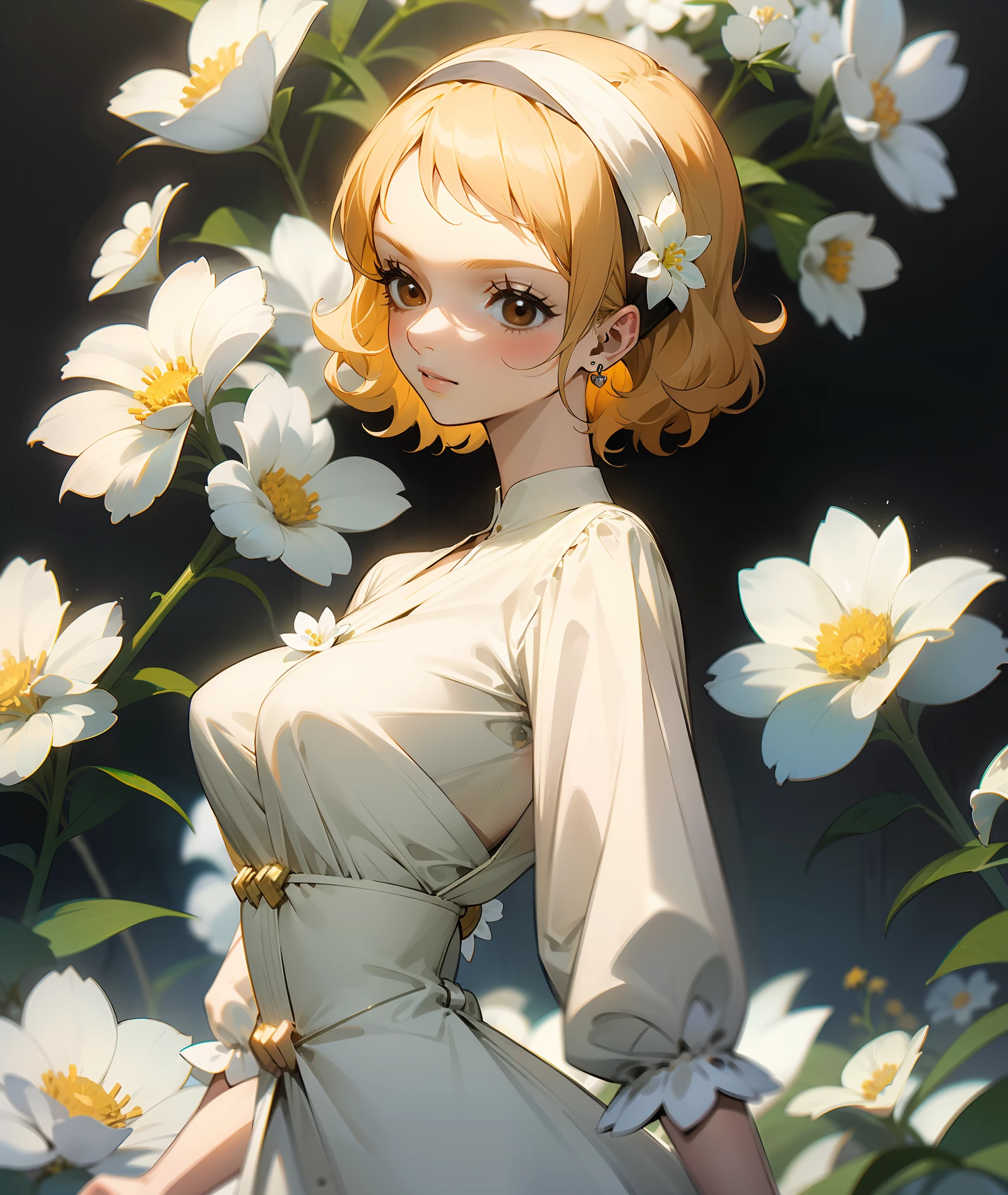 1woman, light blonde hair, woman, grown woman, short hair, curly hair, old fashioned, brown eyes, kind, soft, flowers, white dress, black headband white flowers, pale skin, calm