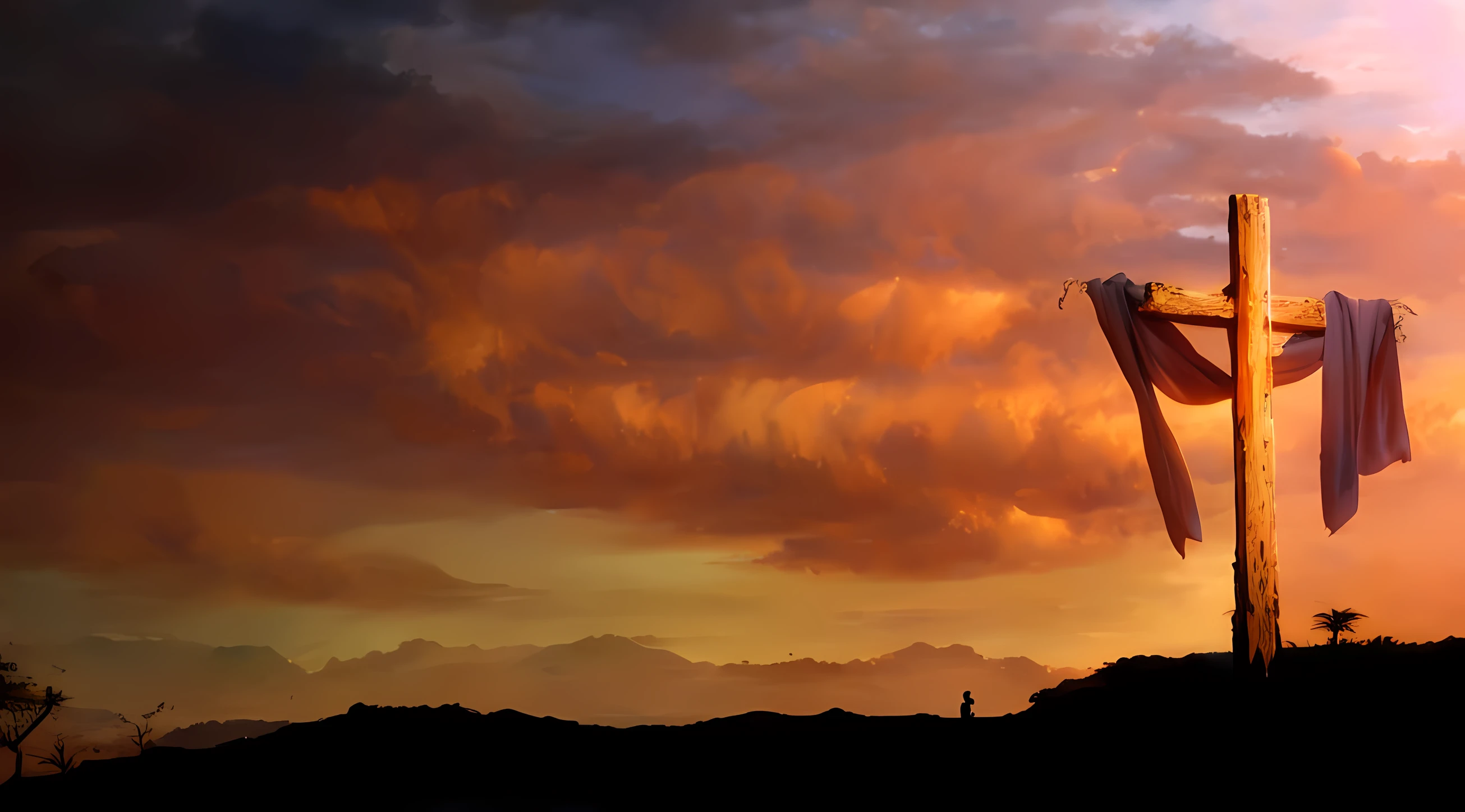 arafed cross on a hill with a sky background, iron giant at sunset, flag in his right hand, Banner, cinematic still, Imagem incrivelmente composta, Imagem absolutamente excepcional, Ao amanhecer, vitorioso em um morro, captura de tela de alta qualidade, ao nascer do sol, Directed by: Edwin Georgi, papel de parede de alta qualidade, in the sunset, triunfante, papel de parede hd, sunset panorama, manto vermelho na cruz