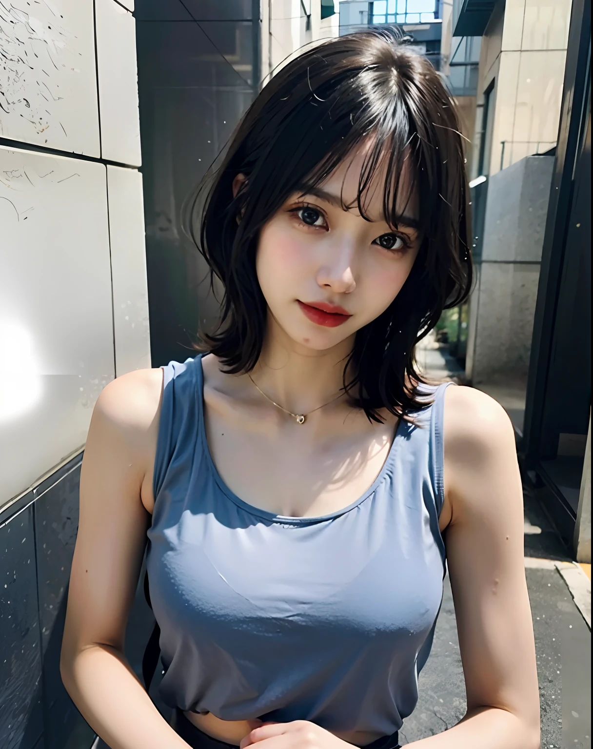 (masterece-piece:1.4)、(the best quality:1.4)、8K、hard disk、ultraclear、女の子1人、(a large breast:1.2)、black hair、(Heart-shaped pupil 1)、(Tongue out:1.2)、Bijo:1.3、(weeping:1.3)、、Tank tops、short-hair、Wet、opening legs、Black underwear