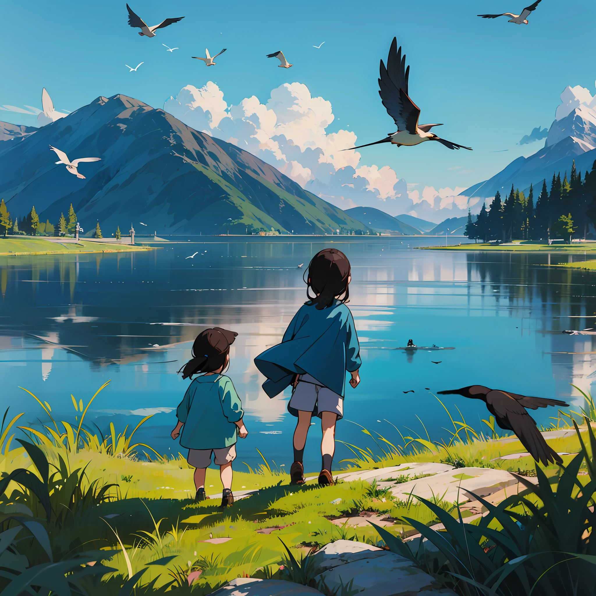 cores quentes, ensolarado, Prados, lago, campismo, birds in the sky, 2 children playing,