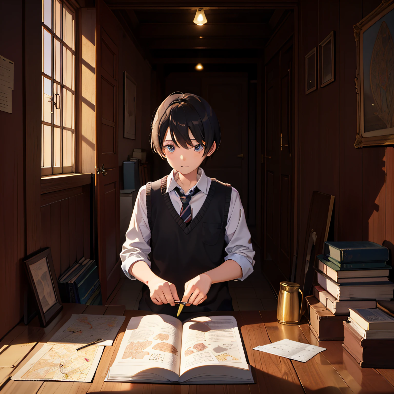 "Draw an 8-year-old finding a scroll with a map drawn inside an old box in the attic of his grandmother's house. The child is curious and intrigued by what might be on the map and begins to study it to try to decipher the clues and find the treasure that may be hidden at the end of the path.” --auto