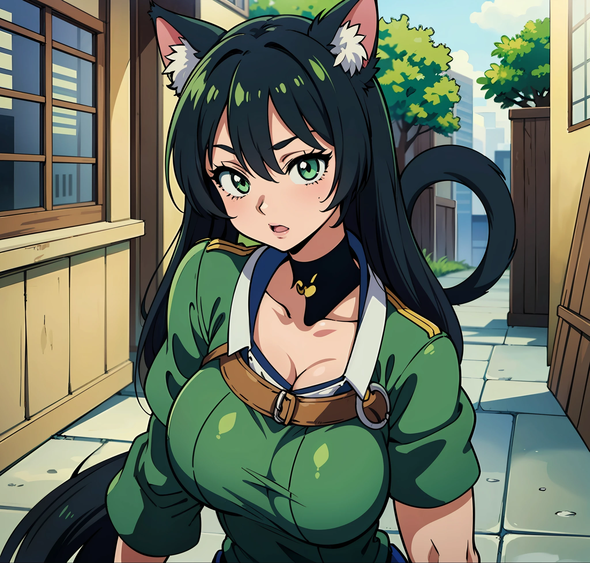 green, nightcore, anime girl in a green uniform and black hair, catgirl, anime cat girl, cat girl, the anime girl is running, female action anime girl, anime character, official character art, anime best girl, anime girl, best anime character design, female anime character, beautiful anime