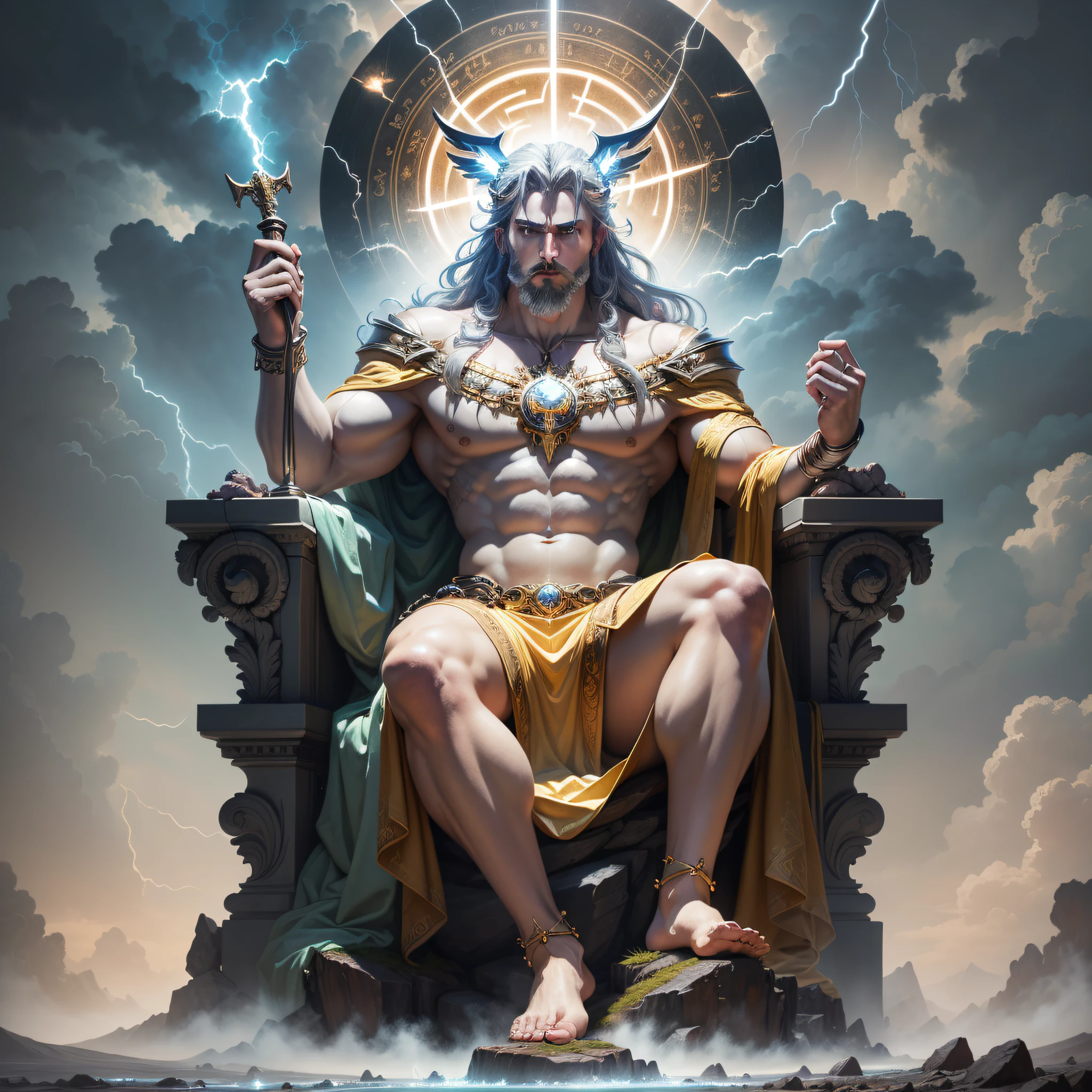 An epic image depicting Zeus, o rei dos deuses gregos, em todo o seu esplendor. He is sitting on his heavenly throne, holding a lightning bolt in his hand, com um olhar imponente e majestoso. Ao seu redor, Charged clouds and lightning illuminate the scenery, Transmitting His Divine Strength.