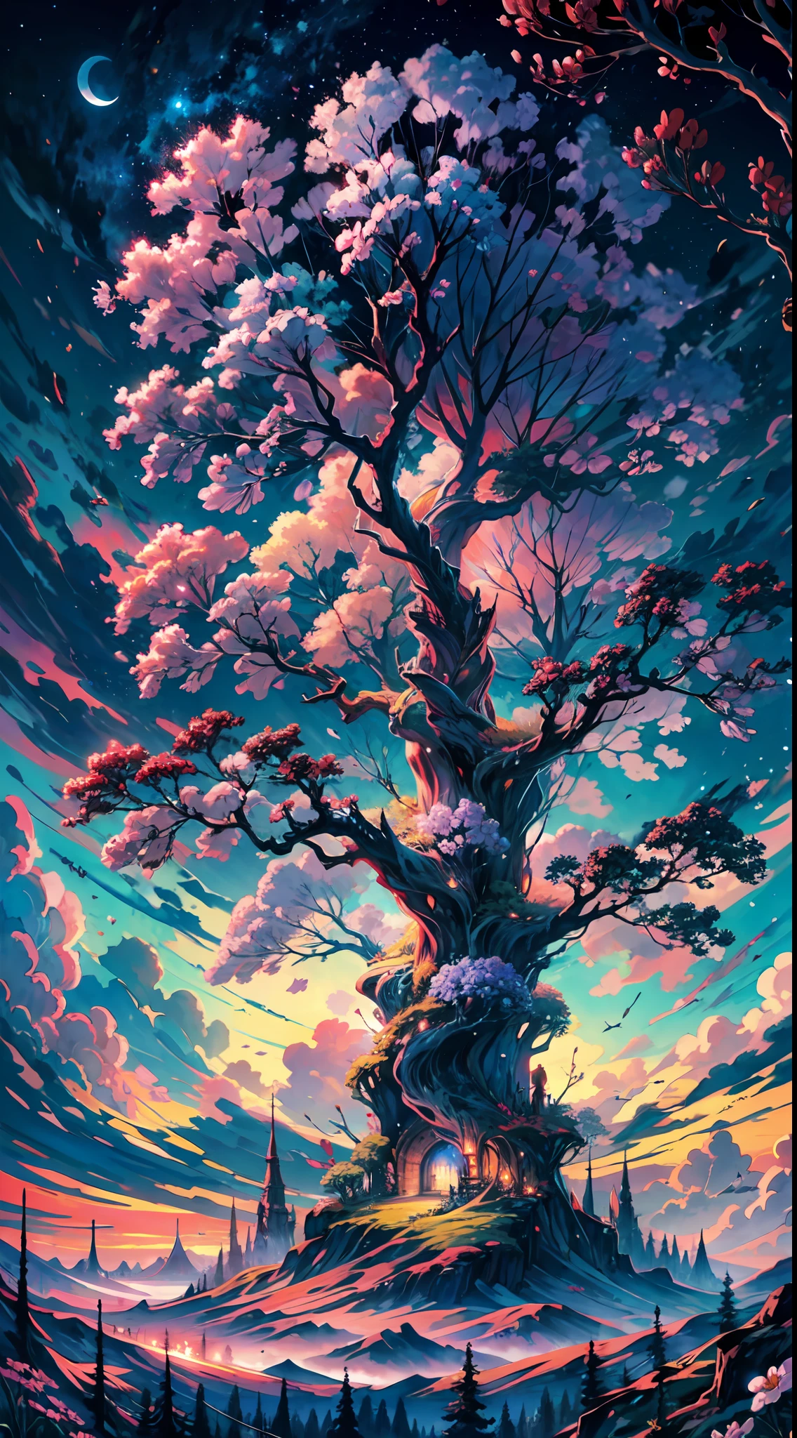 The image portrays a breathtaking, otherworldly landscape, set in a fantasy atmosphere of wonder and magic BREAK ,at the center of the image stands an awe-inspiring world tree, towering high into the clouds and reaching towards the heavens,Its trunk is massive and gnarled, with branches that stretch out in all directions, adorned with leaves and flowers that shimmer with a radiant glow.
BREAK
The surrounding environment is equally captivating, with rolling hills and lush forests that extend as far as the eye can see. The sky is a vibrant blend of purples, pinks, and blues, with wispy clouds that seem to dance around the tree's branches and leaves
BREAK
The colors used in the image are rich and vibrant, with a dazzling array of hues that create a sense of depth and dimension. The details of the tree and its surroundings are intricate and finely crafted, capturing the essence of a truly mystical and magical world