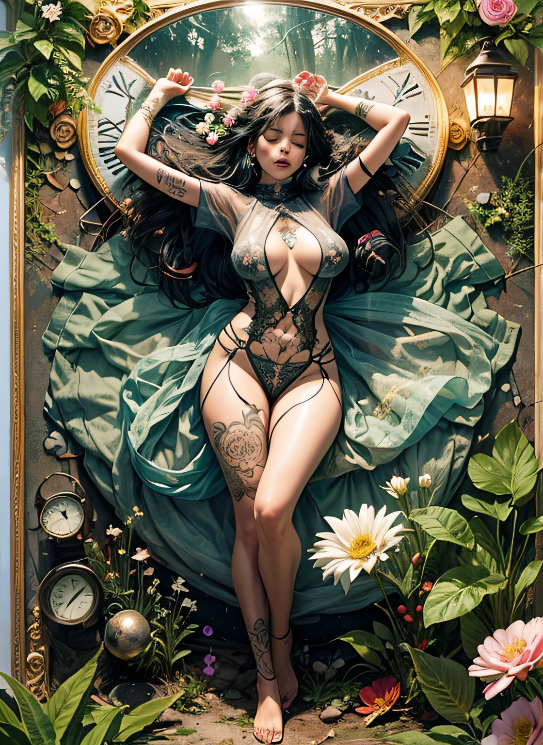 1sexy girl with forest clothes, flowers, leaves, mandalas, fractal,, Sleeping Beauty, by Bella🦋 full body, beautiful girl sleeping, room with mirror, girl sleeping on bed and sheets, old clock and lamp on table, full body, black hair, Transparent clothing,open legs, view of pubic hair, 1 sexy girl in transparent forest clothes,exposed breasts, open transparent t-shirt,mandala and flower tattoos, La mejor calidad, Obra maestra, llustration, muy delicado y hermoso, muy detallado, CG, Unidad, Fondo de pantalla de 8k, ridiculous, huge filesize, lente muy ancha, Luz suave,Sleeping Beauty, by Bella🦋 full body, beautiful girl sleeping, full body, black hair, Transparent clothing, slight smile,, open legs, view of pubic hair, 1 sexy girl in transparent forest clothes,exposed breasts, open transparent t-shirt,mandala and flower tattoos, La mejor calidad,