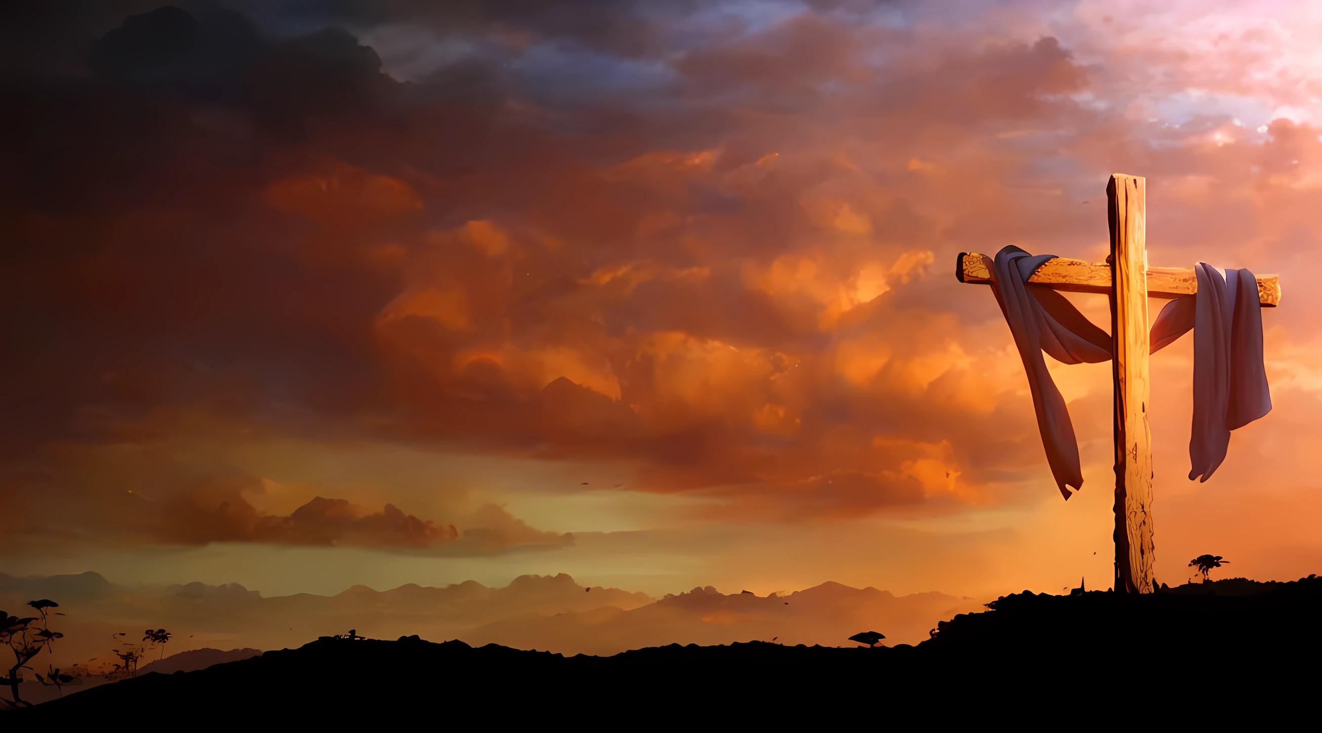 arafed cross on a hill with a sky background, iron giant at sunset, flag in his right hand, Banner, cinematic still, Imagem incrivelmente composta, Imagem absolutamente excepcional, Ao amanhecer, vitorioso em um morro, captura de tela de alta qualidade, ao nascer do sol, Directed by: Edwin Georgi, papel de parede de alta qualidade, in the sunset, triunfante, papel de parede hd, sunset panorama, manto vermelho na cruz