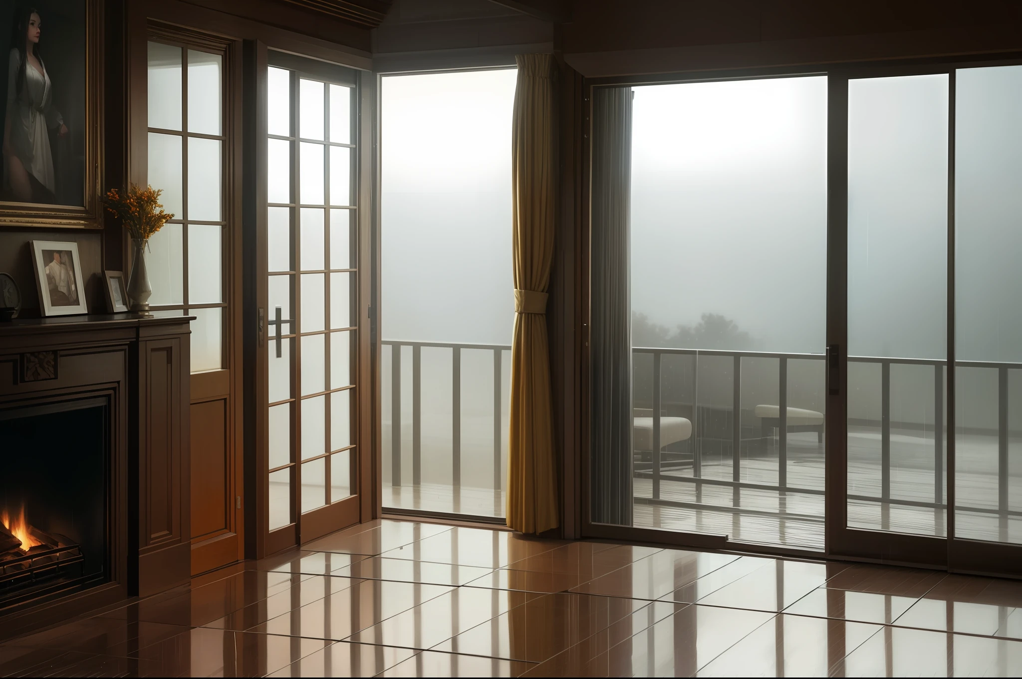 beste Quality, masterpieces, Super High Resolution, (photo realistic:1.4), Raw Image,living room,Raining,Fog,windows,Warm but cold,View from inside,fireplace,4k