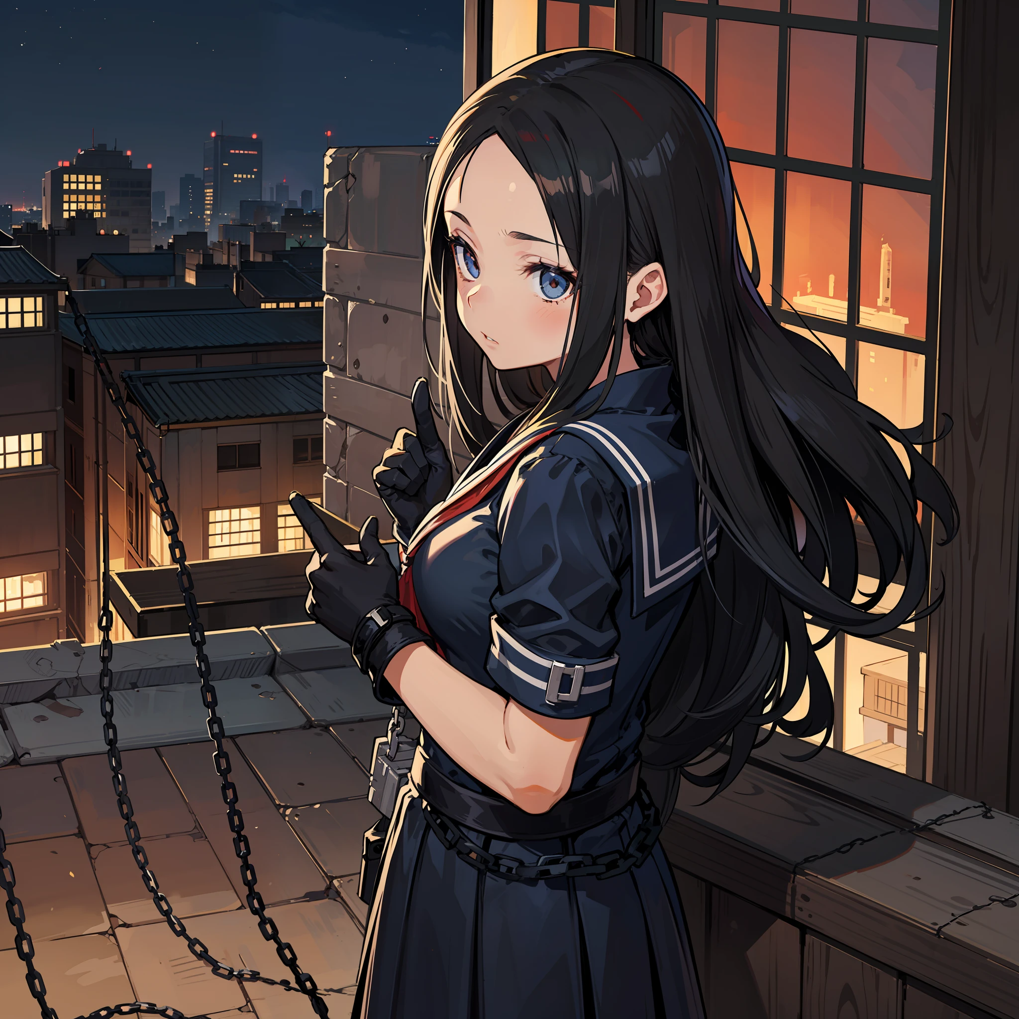 A schoolgirl、Backroom business、bounty hunter、Survival knife、Shibuya、ninjas、sailorsuit、chain mail、Open Finger Gloves、Ninja Sword、night scenery、On the rooftop、muffler、Enemy Ninja、Success、High Kick、Forehead Rest、