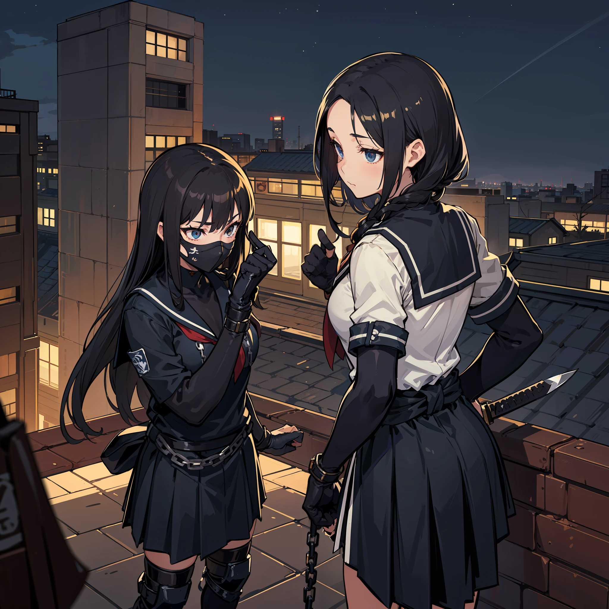 A schoolgirl、Backroom business、bounty hunter、Survival knife、Shibuya、ninjas、sailorsuit、chain mail、Open Finger Gloves、Ninja Sword、night scenery、On the rooftop、muffler、Enemy Ninja、Success、High Kick、Forehead Rest、