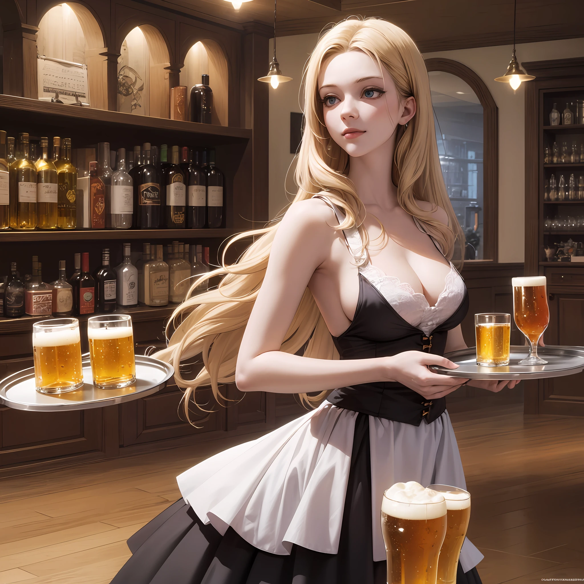 High quality realistic Anime style, high definition high quality realistic, shaded, photorealism, Ray tracing, 8k, uhd, masterpiece, 1 European/Swedish girl, young and beautiful , blonde hair and blue eyes, light make-up, full size smile and a cherish expression, medieval bartender, short skirt and a white shirt with a revealing appron, large breasts, with a tray filled with several beer cups, in a tavern crowded with adventurers at the background --auto