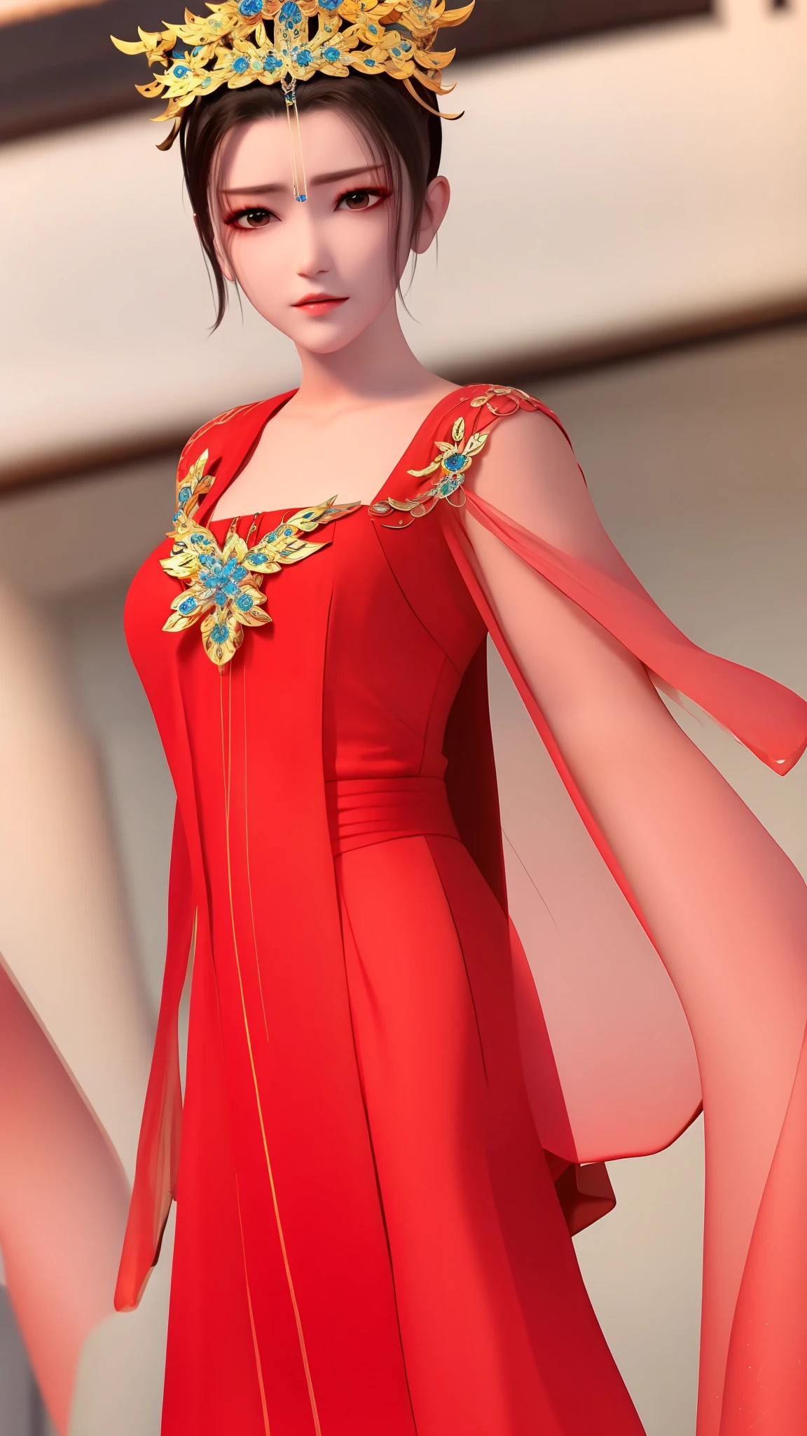 masterpiece,best quality,1girl, brown eyes, black_hair, chinese clothes,red dress,crown,jewelry,hair ornament,looking_at_viewer, cowboy shot,