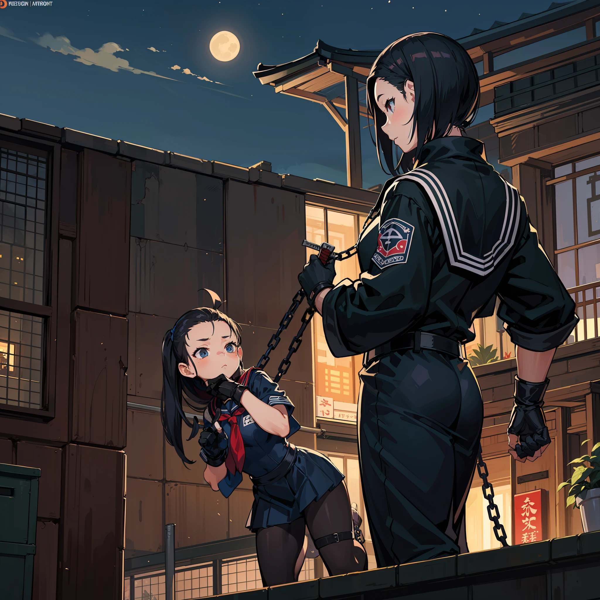A schoolgirl、Backroom business、bounty hunter、Survival knife、Shibuya、ninjas、sailorsuit、chain mail、Open Finger Gloves、Ninja Sword、night scenery、On the rooftop、muffler、Enemy Ninja、Success、High Kick、Forehead Rest、