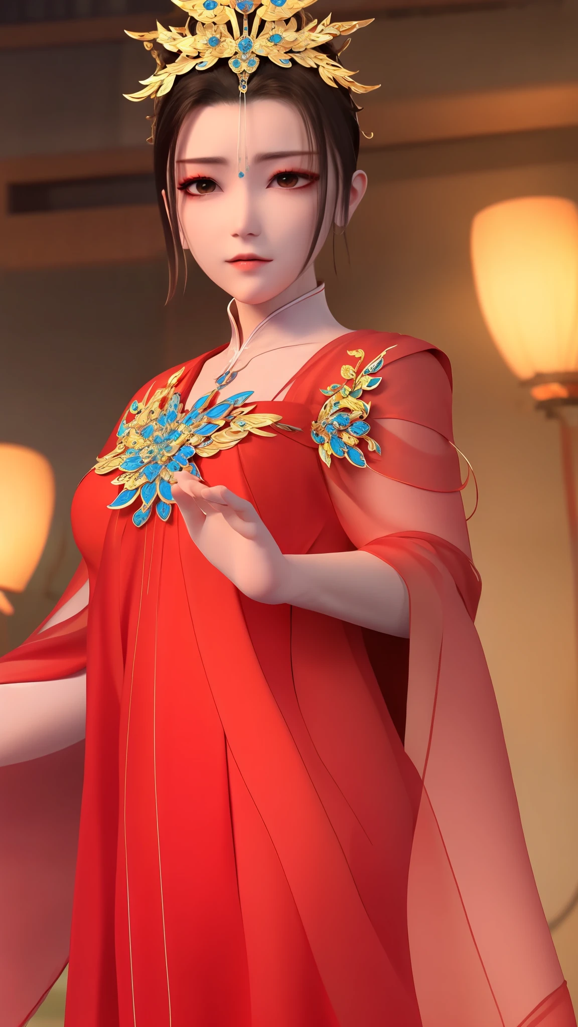 masterpiece,best quality,1girl, brown eyes, black_hair, chinese clothes,red dress,crown,jewelry,hair ornament,looking_at_viewer, cowboy shot,