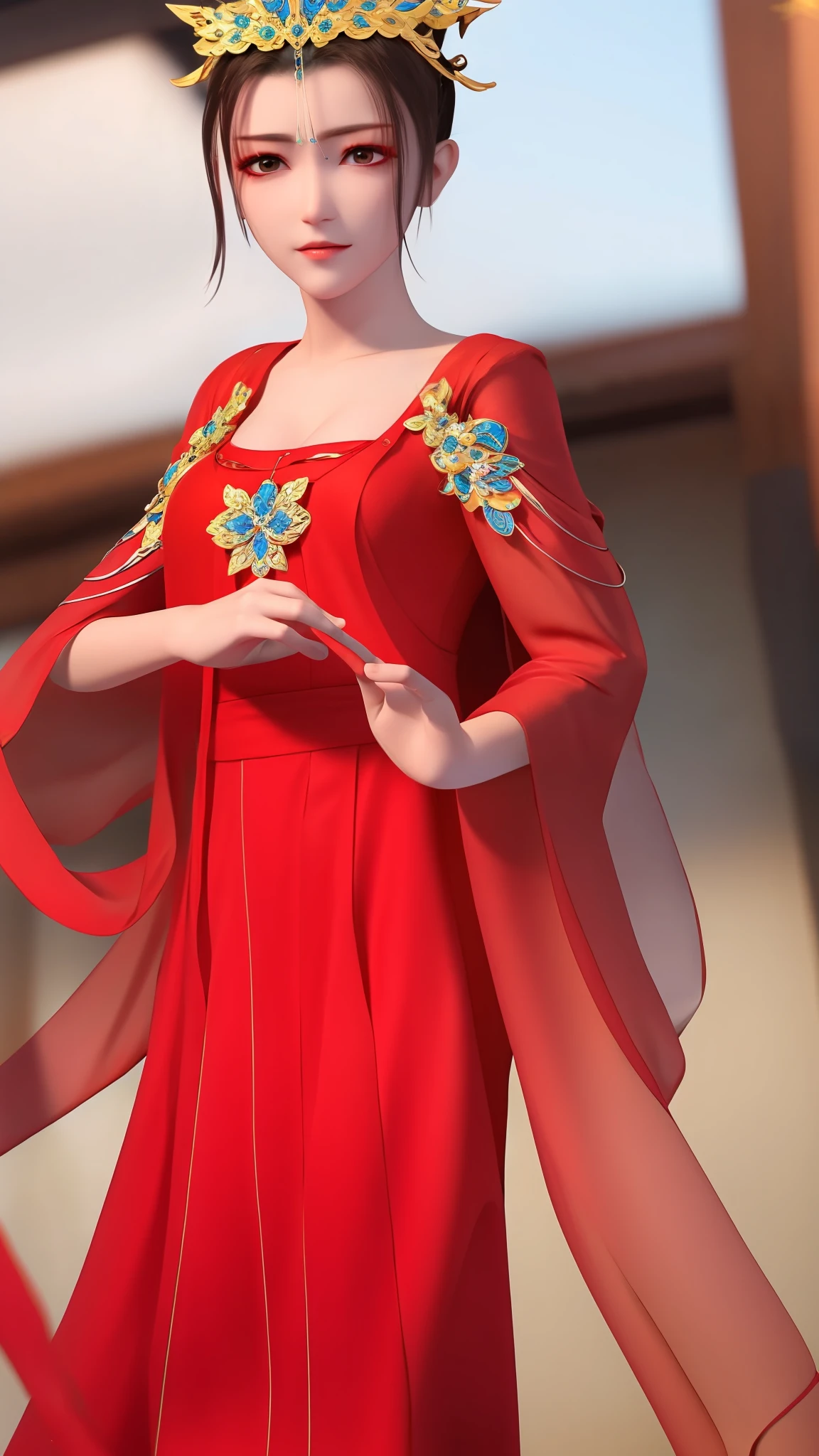 masterpiece,best quality,1girl, brown eyes, black_hair, chinese clothes,red dress,crown,jewelry,hair ornament,looking_at_viewer, cowboy shot,