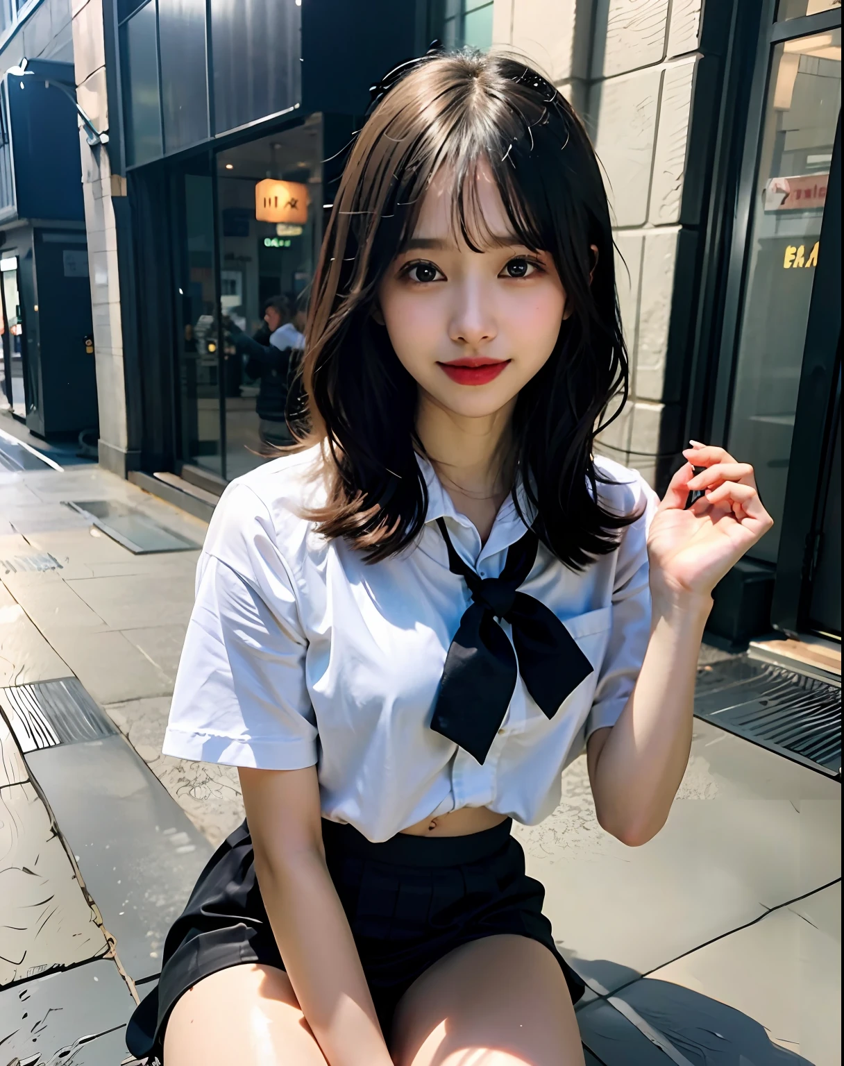 (masterece-piece:1.4)、(the best quality:1.4)、8K、hard disk、ultraclear、女の子1人、(a large breast:1.2)、black hair、(Heart-shaped pupil 1)、(Tongue out:1.2)、Bijo:1.3、(weeping:1.3)、High school student、seethru school uniform、mini-skirts、Naked abdomen、short-hair、Wet、opening legs、Black panty