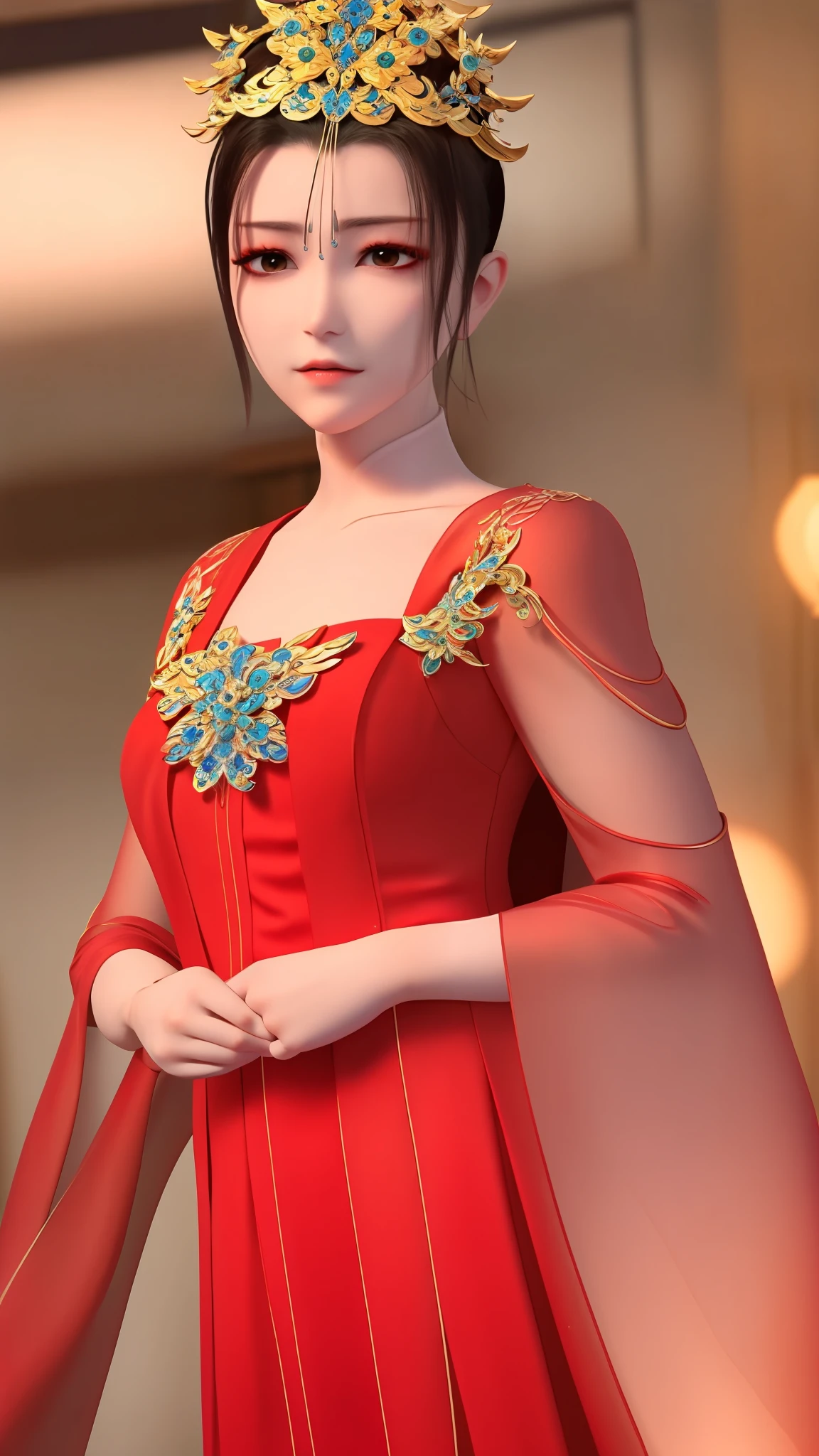 masterpiece,best quality,1girl, brown eyes, black_hair, chinese clothes,red dress,crown,jewelry,hair ornament,looking_at_viewer, cowboy shot,