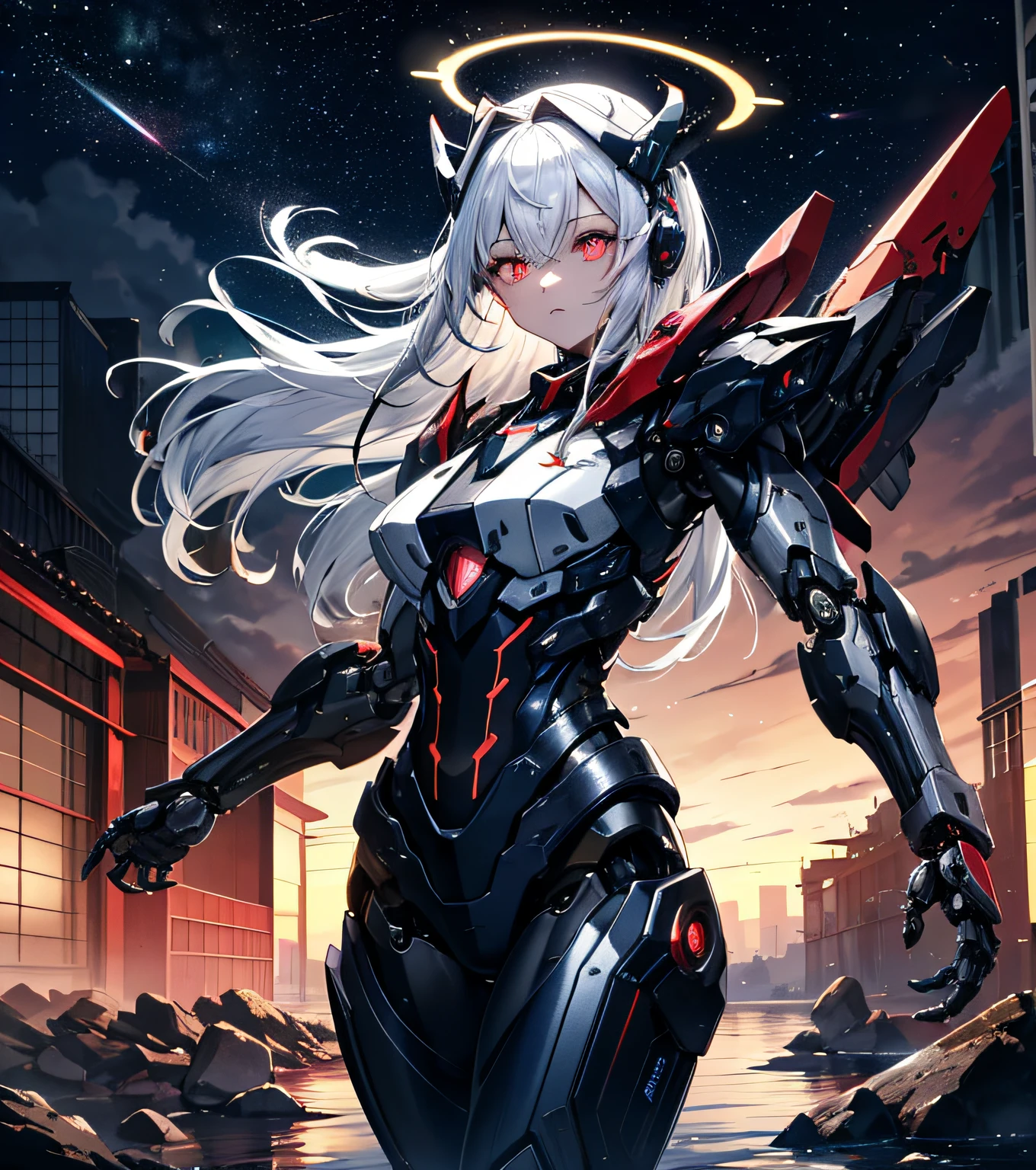masterpiece,best quality,ultra-detailed,very detailed illustrations,extremely detailed,intricate details,highres,super complex details,extremely detailed 8k cg wallpaper,cowboy shot, caustics,reflection,ray tracing,demontheme,nebula,dark aura,cyber effect, (1girl:1.4),solo,alone,mecha musume,mechanical parts, robot joints,single mechanical arm, headgear, mechanical halo,star halo,intricate mechanical bodysuit, mecha corset, full armor, very long hair,white hair, hair between eyes, multicolored hair, colored inner hair, red eyes,glowing eye,eye trail, random expressions,random action, ancient japanese architecture,pond, starry sky,skyline,