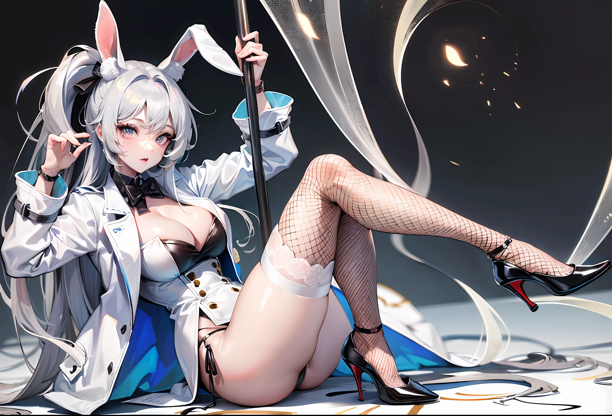 Milf woman, Charming, Perfect face,((1人)), nmasterpiece, the best quality, intricate detials, Pole dancing,(shiny skins, shining body, Shiny radiant skin, shining hair, Pale complexion), (Super huge,beauty legs), attractive, Abs, Adults,(rabbit girl), 耳环, (White trench coat,Black leather coat,fishnet stockings,White high heels),(with open legs),silverlong hair, Perfect and detailed face, Perfect and meticulous hands, Bunny ears, Rabbit tail, dark eye, Drunk, medium large shoot, 3/4 Shoot