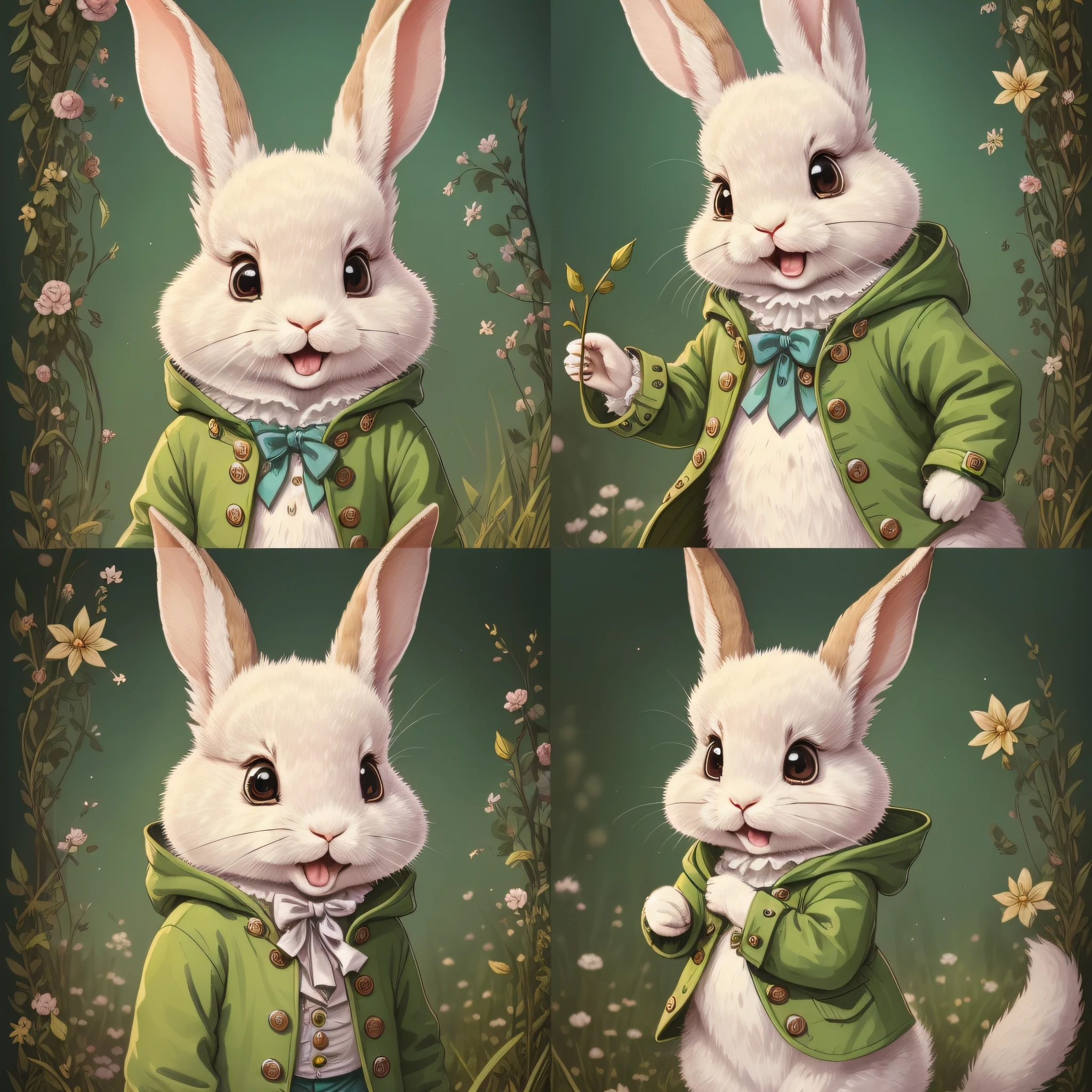 An ultra-high picture quality、Super delicate、Ultra-detailed、Character design drawings、Full body like、Multiple Pose、Multiple facial expressions、Anthropomorphic cute rabbit、Cute characters from fairy tales、Cute rabbit in green coat、18th century French clothing、Colorful colors、