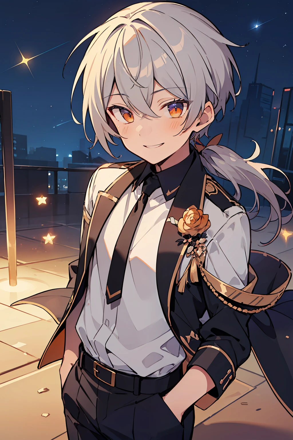 (high-quality, breathtaking),(expressive eyes, perfect face), 1boy, male, solo, short, young boy, long grey hair with ponytail, orange eyes, smile, black idol outfit, pants, starry sky