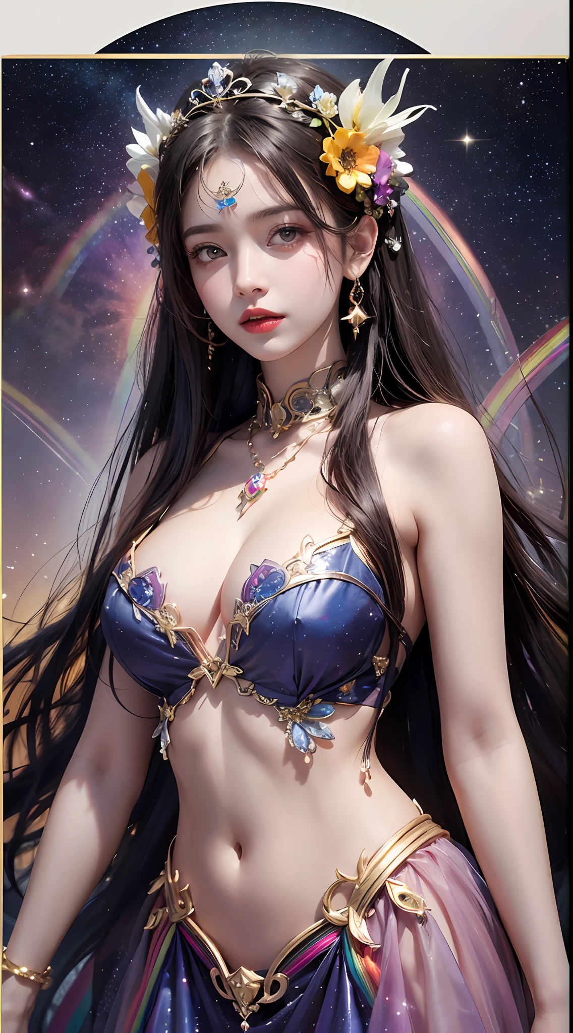 1 27-year-old girl, 1 zodiac goddess from the future, 12 zodiac goddess pink purple, 12 zodiac goddess face sexy thin yellow nightgown, long thin nightgown 12 zodiac many limbs sexy black lace detail, mythical goddess of the 12 zodiacs from the future, zodiac ♏, luxurious glittering zodiac style, dark and mysterious version, zodiac crown, lipstick red lips, thin and pretty lips, don't smile, keep your mouth shut, characters created by karol bak and pino daeni, intricate detail, detailed background, extremely detailed, light magic, a woman, clear face, looking at the upper body of the goddess of the zodiac, round breasts, big and round breasts, phoenix hair brooch, long hair with bangs, (Long hair has 7 colors like rainbow:1.9), beautiful detailed face and well-proportioned eyes, (transparent yellow eyes: 1.8), big round eyes and very beautiful and detailed makeup, visionary, long silk nightgown, mysterious makeup, Bracelets, side bangs and dye pale yellow, upper body, (zodiac goddess upper body: 1.8), drooping arms, Realistic and vivid photo, (stars that make up the zodiac: 1.7), ( sky zodiac and fictitious space and time portal: 1.8), fiction art, RAW photo, hanfu photo, best photo , high_res, best quality, best photo, 8k quality, 8k ultra , surrealism, the most economical real photo, artistic portrait of 12 zodiac signs, 1 symbol of 12 zodiac signs behind, single portrait of 12 zodiac goddess, The most realistic color scheme, best photo color, masterpiece, hair ornament, necklace, jewelry, Beautiful face, upper body, tyndall effect, photo realistic, dark studio, border light, two tone light, (detailed skin) high: 1.2), 8k uhd, dslr, soft light, high quality, volumetric light, candid, Photo, high resolution, 4k quality, 8k, Bokeh, Smooth and sharp, pixel up 10 times, Charming zodiac goddess, sexy zodiac goddess, (background space: 1.8), (galaxy: 1.7), aurora, lightning, (Aurora Background: 1.8) <lora:locon_perfecteyes_v1_from_v1_, beautiful goddess and flowers,