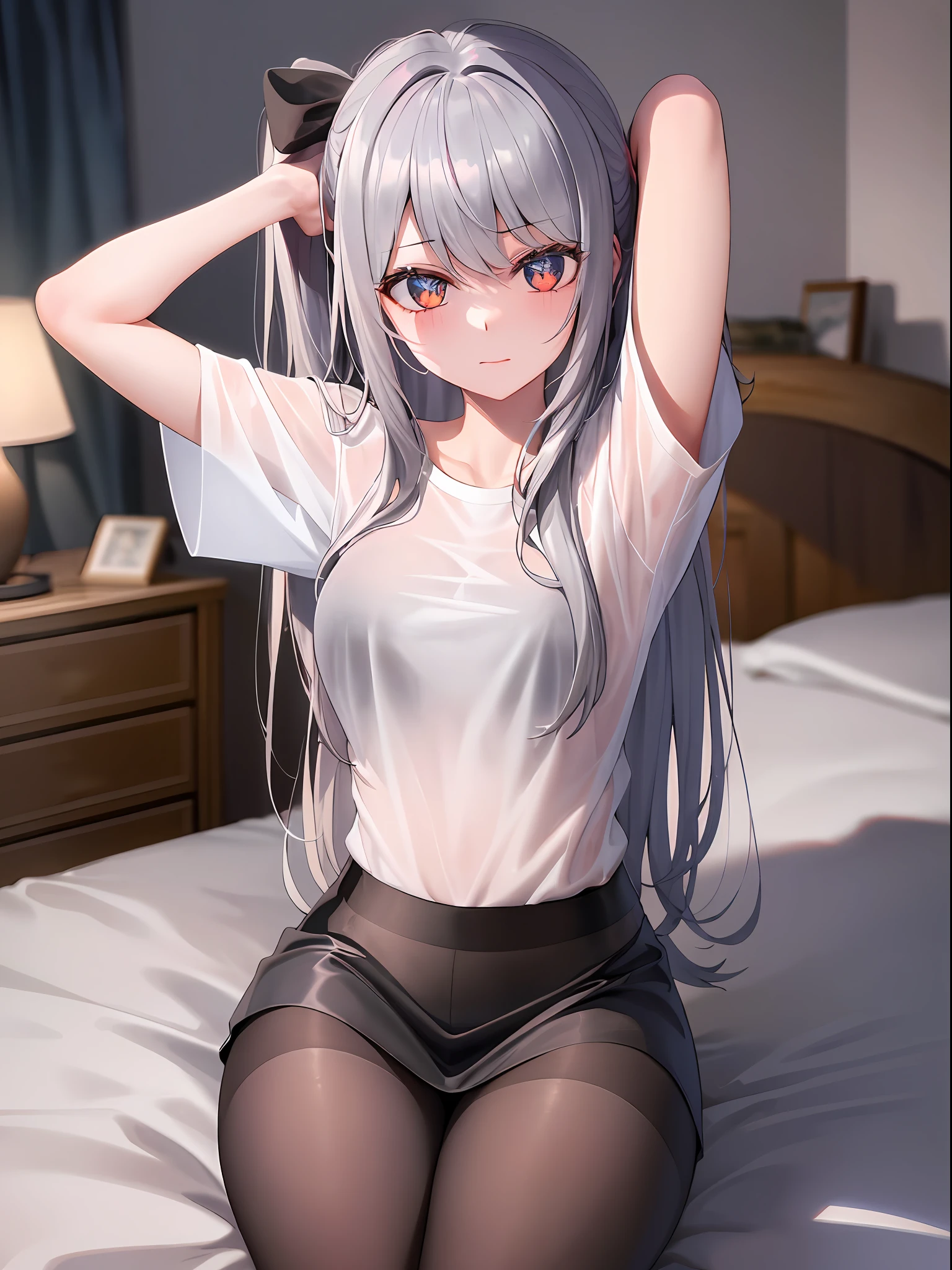 (((1 girl)),ray tracing,(dim lighting),[detailed background (bedroom)),((silver hair)),((silver hair)),(Fluffy silver hair, plump and slender girl))) with high ponytail))) Avoid golden eyes in the ominous bedroom ((((Girl wears a white shirt, black wrinkled skirt with black transparent pantyhose), showing a delicate slim figure and graceful curves, correct limbs, sitting on the bed with hands behind her head, Put both hands behind your head