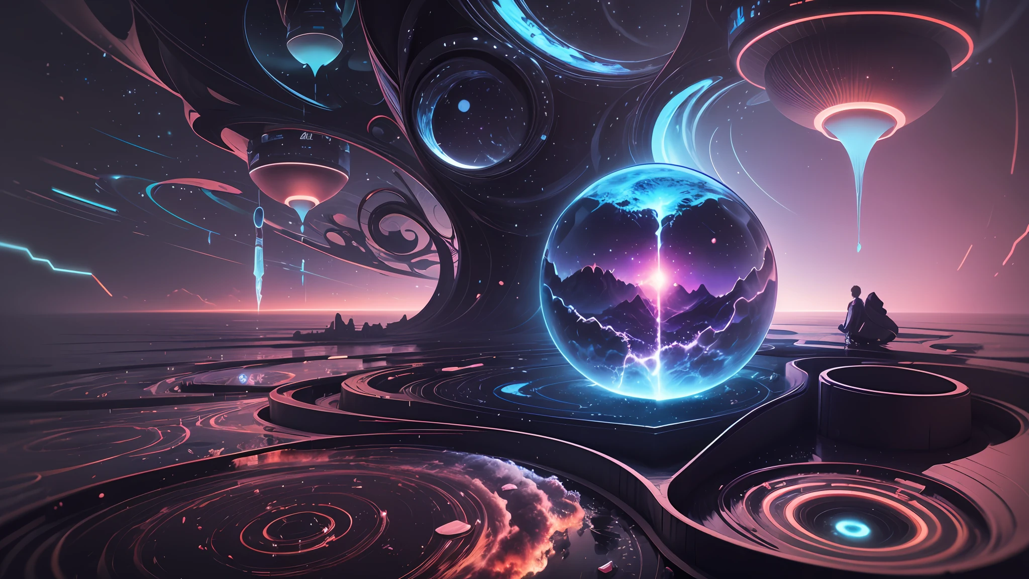 When Franks triggers the switch behind the robot, a wave of holographic energy sweeps through the room, erasing all visual information from the memories. The environment shifts into an expansive virtual landscape, resembling an otherworldly dimension. The ground is composed of shimmering silver tiles that reflect a distant, nebulous sky. Towers of translucent crystal rise from the ground, emitting a soft, pulsating glow. Floating geometric shapes and symbols hover in the air, interweaving with streams of cascading light. The atmosphere is serene yet filled with a sense of vastness and endless possibilities. The mood is one of contemplation, as Franks gazes into the holographic void, contemplating the enigmatic nature of the memories that have been wiped away. Style: Illustration, combining digital painting techniques with a surreal and abstract aesthetic. The colors are vibrant and ethereal, with a focus on capturing the luminosity of the holographic energy. --auto --s2