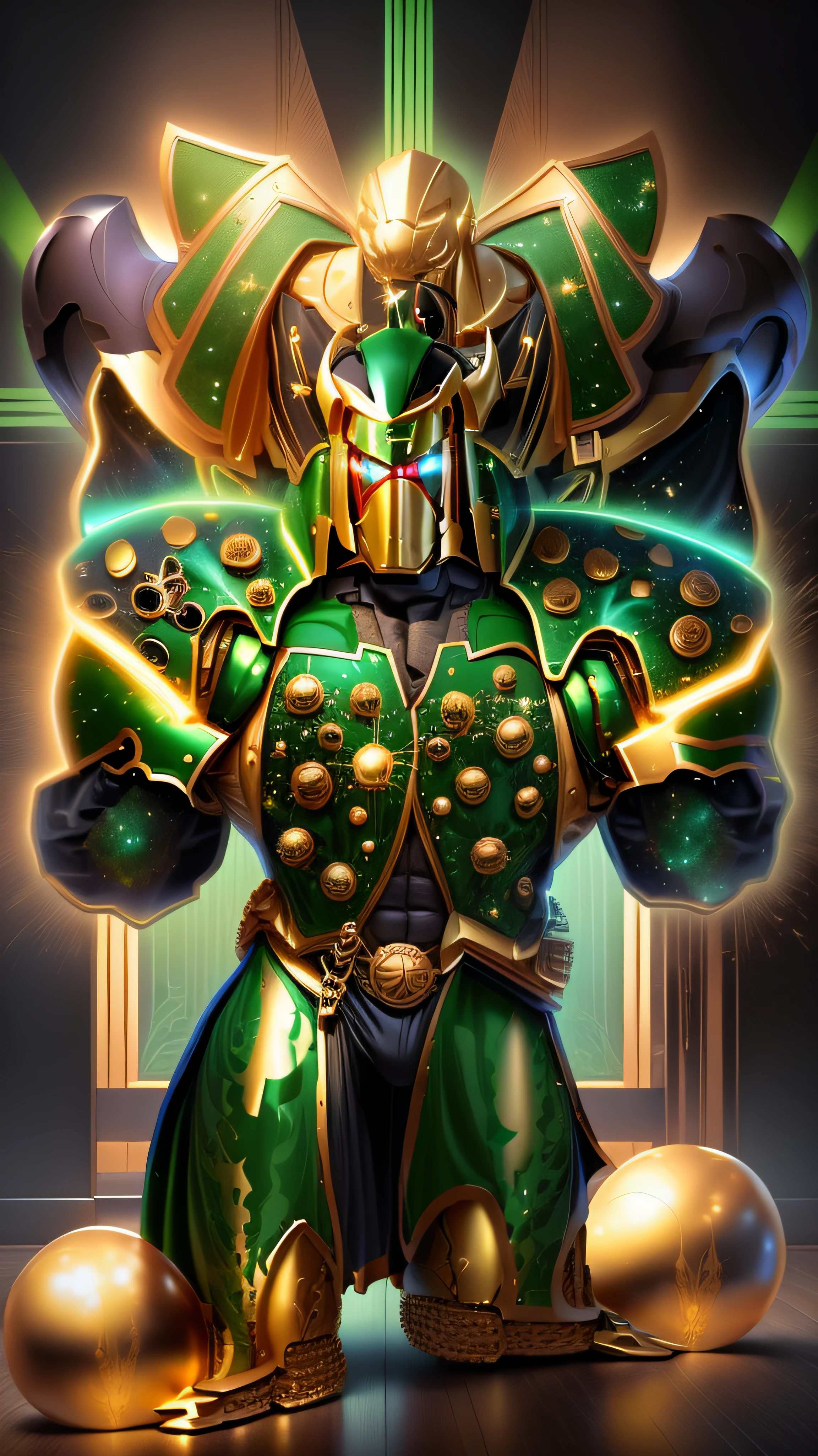 There is a cartoon image of a Clown on top of another with a green outfit, Deus grego no estilo mecha, Getter Robo, galactic deity, Mazinger, detailed cosmic angelic robot, Galactus!!!!, transformando-se em sua forma final, deus rei da arte ai, armadura saiyajin, Estilo Varguyart, Imperador do universo conhecido, Ultra Mega Super Detalhe