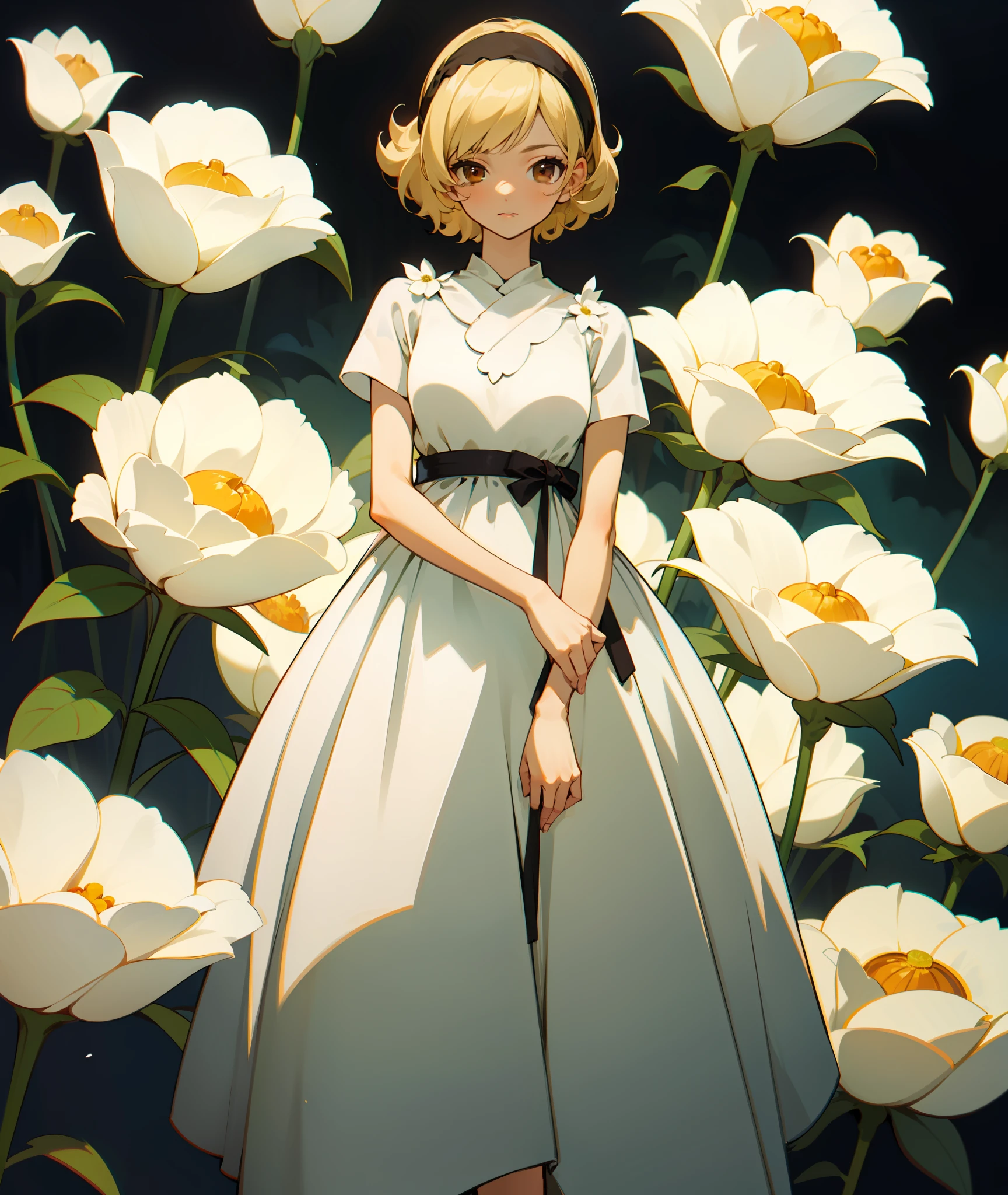 1woman, light blonde hair, woman, grown woman, short hair, curly hair, old fashioned, brown eyes, kind, soft, flowers, white dress, black headband white flowers, pale skin, calm