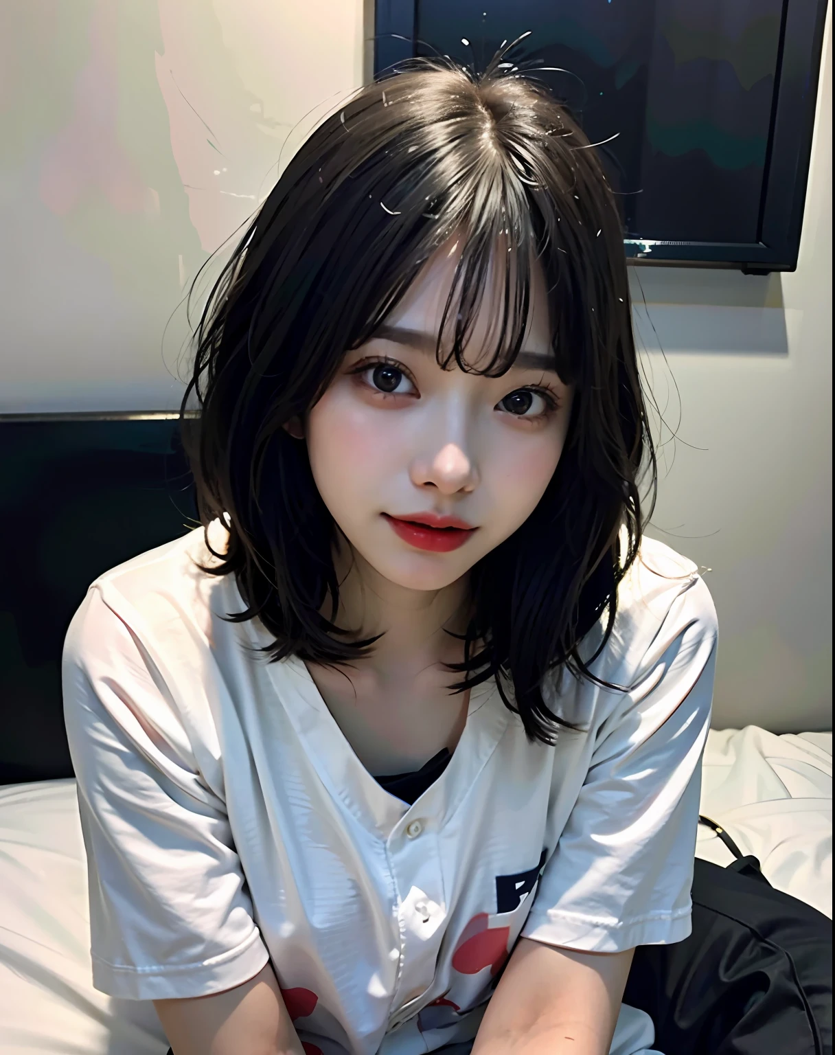(masterece-piece:1.4)、(the best quality:1.4)、8K、hard disk、ultraclear、1人、(a large breast:1.2)、black hair、(Heart-shaped pupil 1)、(Tongue out:1.2)、Bijo:1.3、(weeping:1.3)、Princess、Naked abdomen、Baseball Shirts、short-hair、a close up of a woman laying in bed、Wet、thights