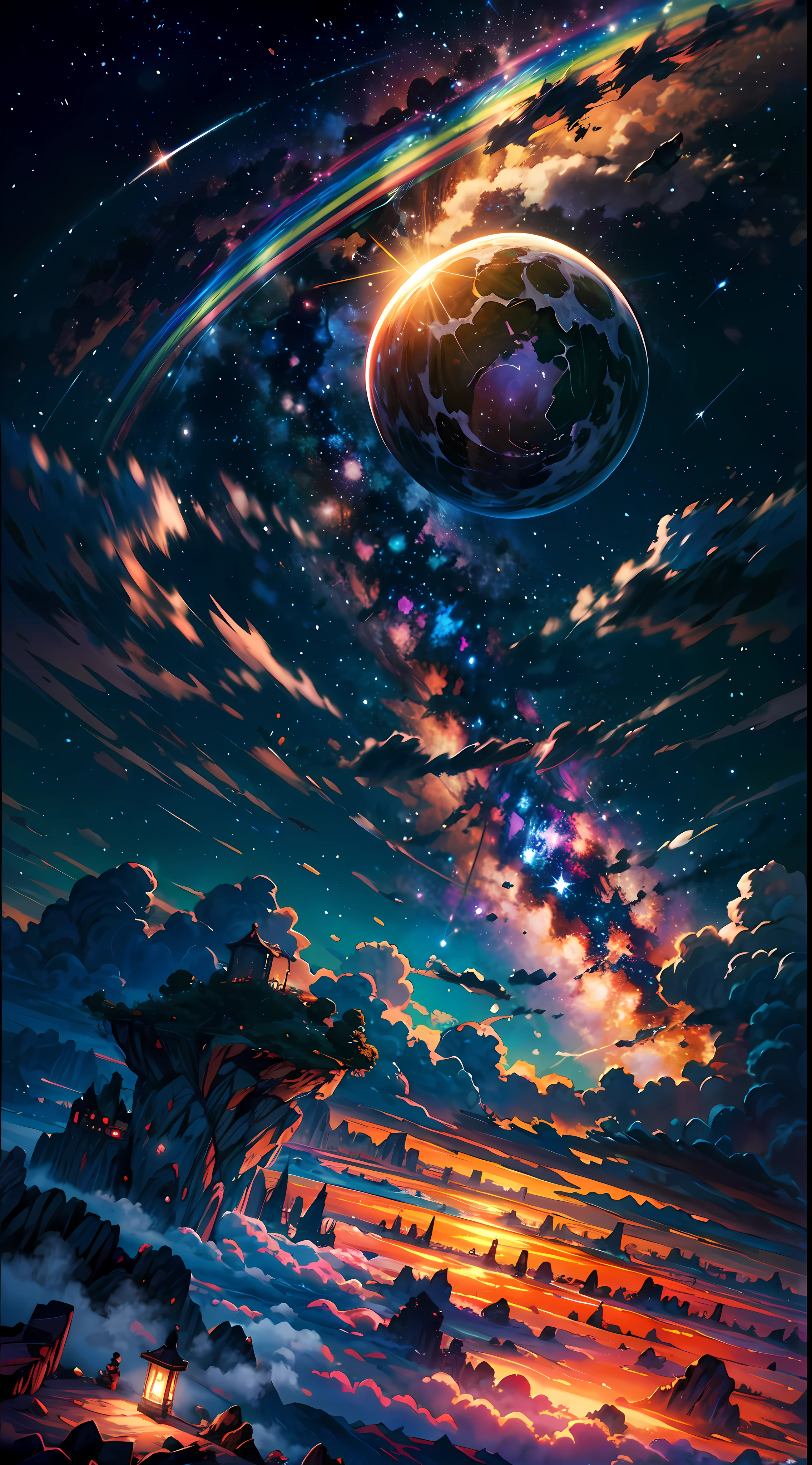 The image depicts a breathtaking otherworldly scenery that is nothing short of magical. It appears to be taken from high above the clouds, as the viewer is presented with a stunning panoramic view of the vast expanse of the sky. The stars twinkle and glimmer, creating a mesmerizing spectacle that is truly awe-inspiring. A colorful rainbow is also visible in the distance, adding a pop of vibrant hues to the otherwise serene and tranquil atmosphere. The sun shines brightly, casting a warm and welcoming glow over the entire scene. Overall, this image is a symphony of colors, light, and beauty that transports the viewer to another world entirely.