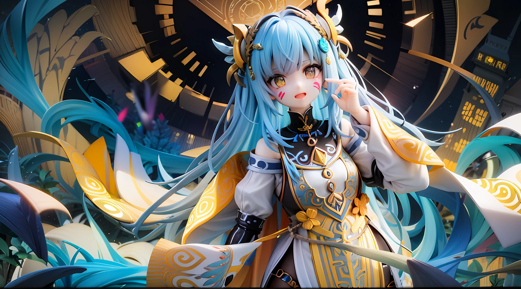 、shuicolor、gold、odd eye、Neon blue hair、Longhaire、facepaint、Hair bought lighting、boga々Golden background、Spiral background、Impressive traditional costumes in white, black and gold、Golden decoration、Golden feather hair ornament、Fluttering hair、Hair Paint