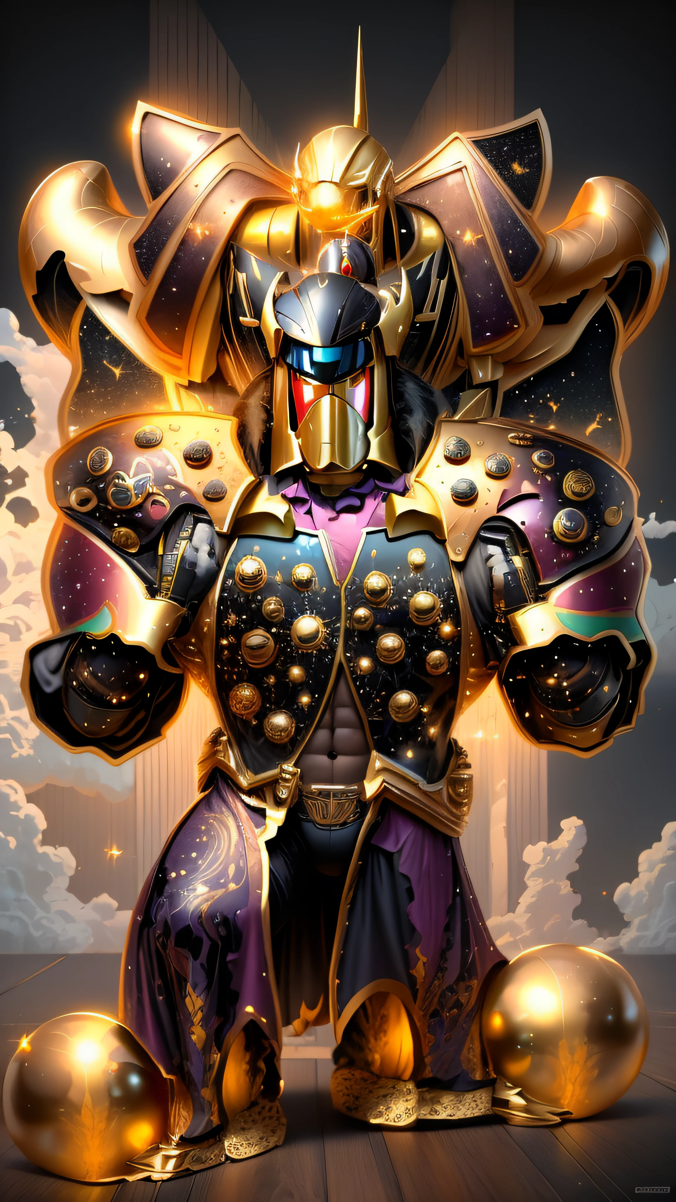 There is a cartoon image of a Clown on top of another with a multicolored outfit, Deus grego no estilo mecha, Getter Robo, galactic deity, Mazinger, detailed cosmic angelic robot, Galactus!!!!, transformando-se em sua forma final, deus rei da arte ai, armadura saiyajin, Estilo Varguyart, Imperador do universo conhecido, Ultra Mega Super Detalhe