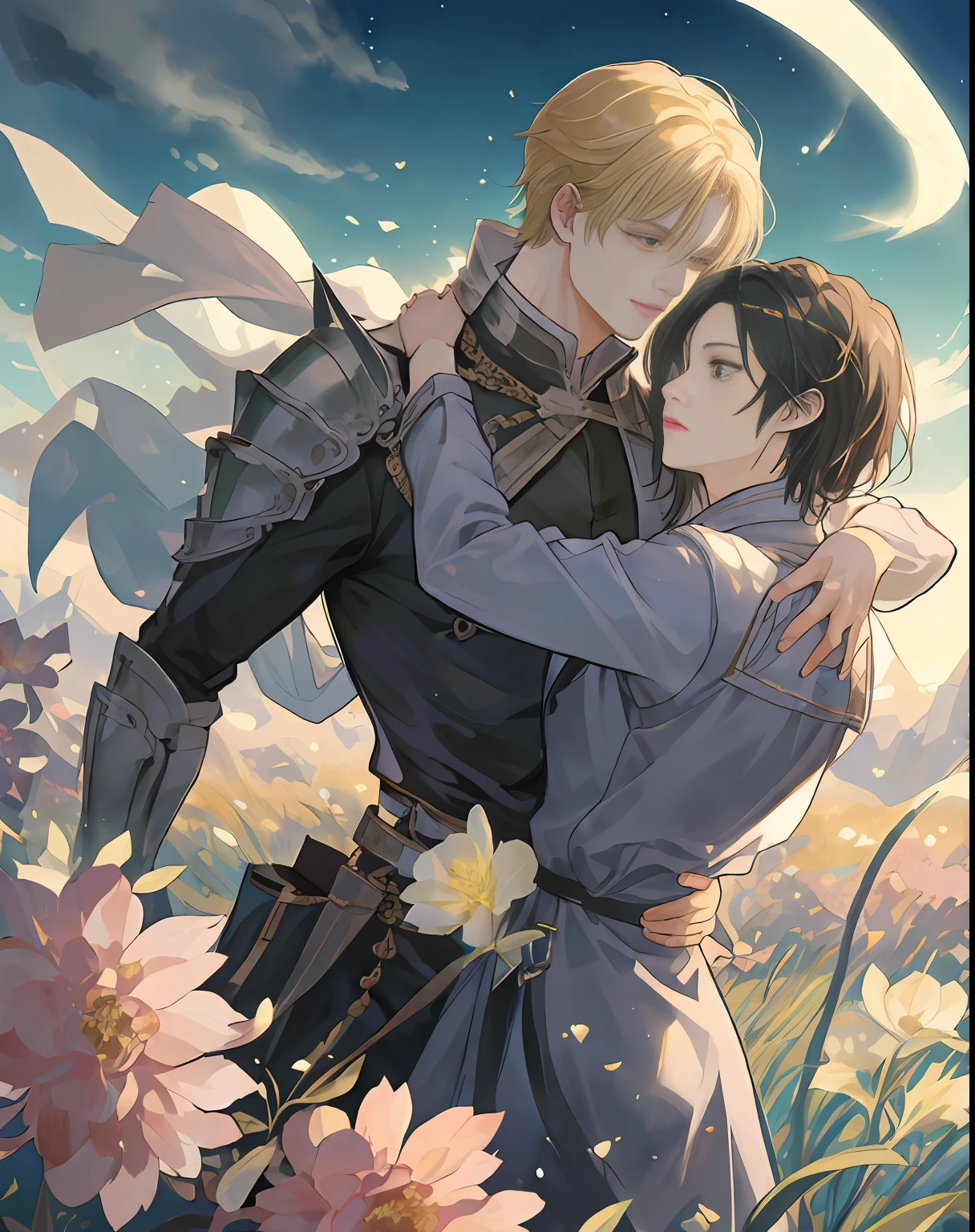 ((the best quality、A masterpice))、(Two handsome men hugging each other)、Blonde beautiful man wizard、Middle-aged man with short black hair wearing black armor、epic anime style、Comic art、sirius a and sirius b、high quality fanart、Inspired by Kentaro Miura、detailed fan art、Akihiko Inoue and Rostran、particle、grass field、Tuuli、florals、simple background、