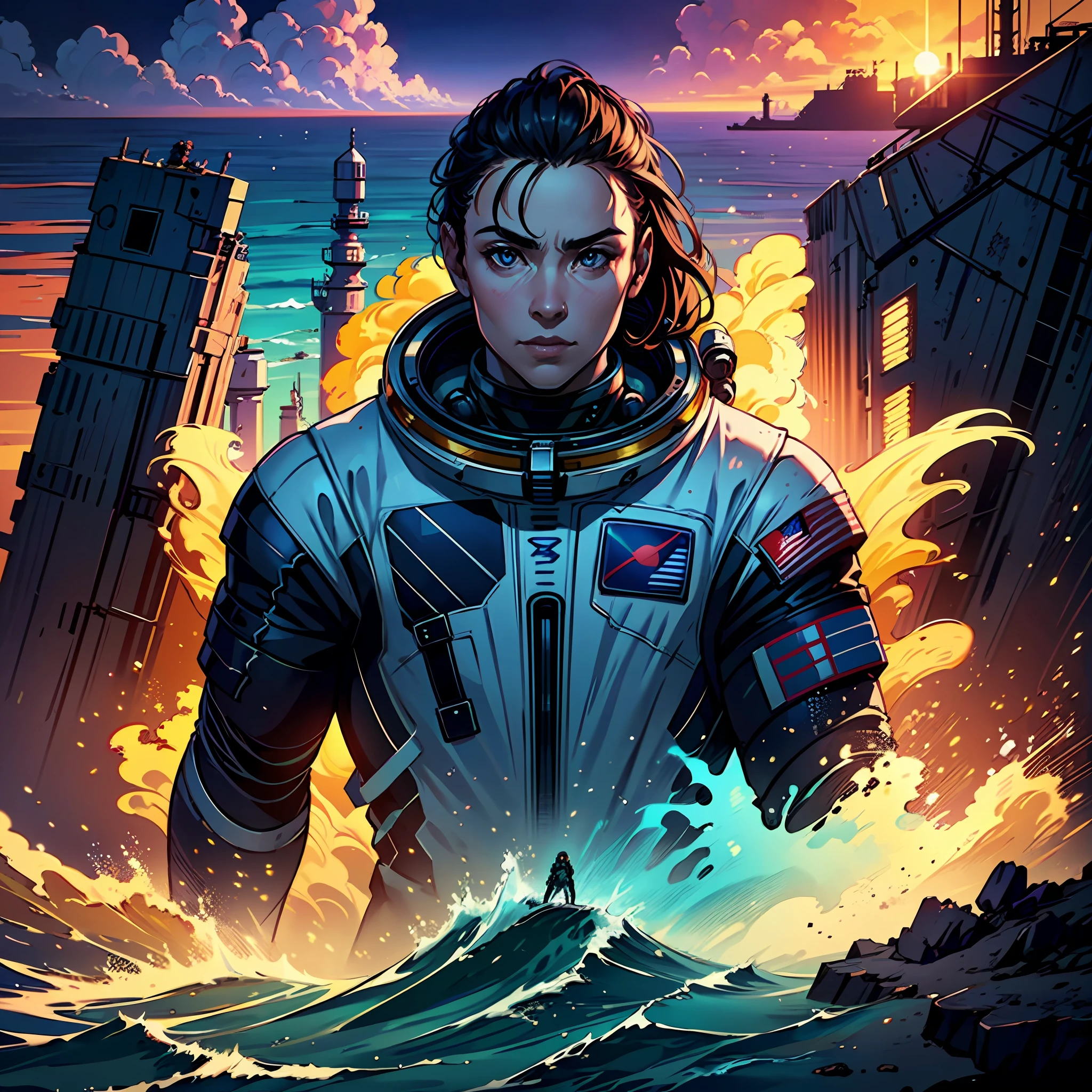 A secenery, masterpiece, (A couple of two Astronauts), on Surface of the ocean. Extreme Detailed Full body Astronauts suit(Full body portrait), (on a surface of the ocean), 8k resolution concept art portrait by Martina Fačková, Masterpiece, Proportionate, HDR, Photorealistic, Insane Fantasy Coloration, ocean, Sunset lighting, Vast, (Proportionate Body), Perfect rendering, --auto