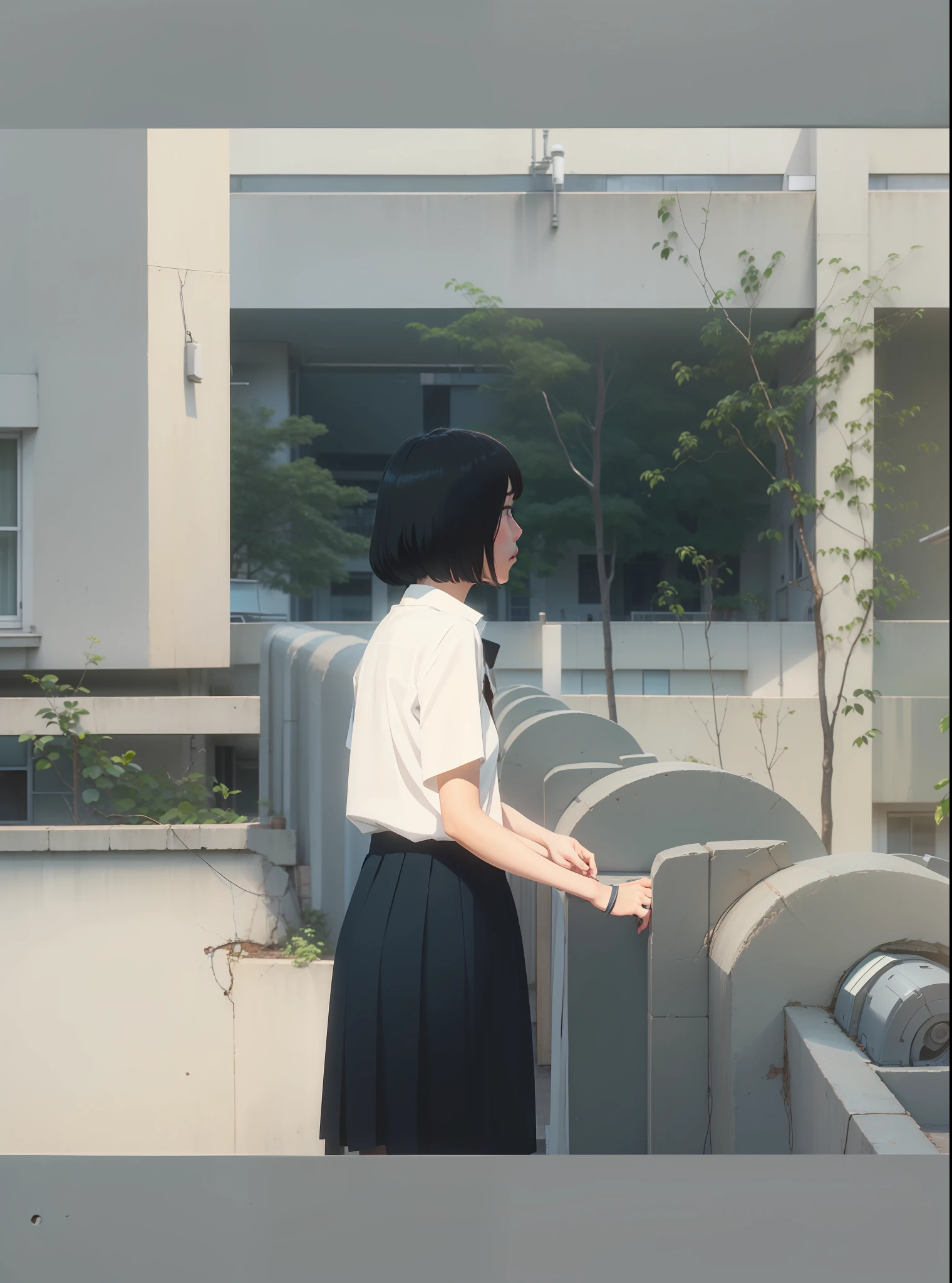 One bed was wearing a white shirt,Girl with short hair in black dress,Two hands on the balcony,Melancholy looked into the distance,The background is the school corridor and the educational building and tree behind it。