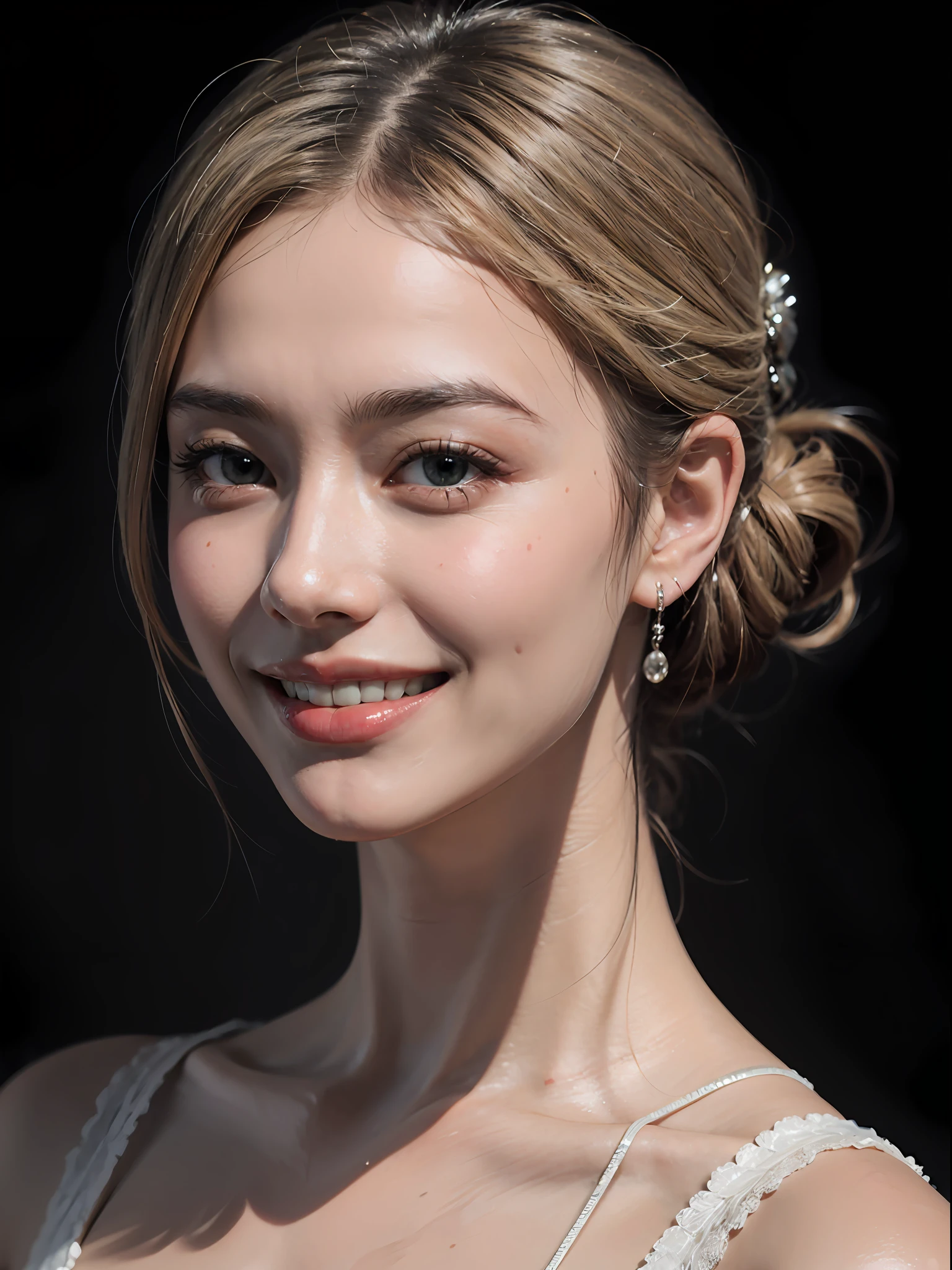 Best quality, masterpiece, ultra high res, (photorealistic:1.4), raw photo, 1girl, silver hair, Formal Updo,shiny skin, dramatic lighting,(smile:1.2),