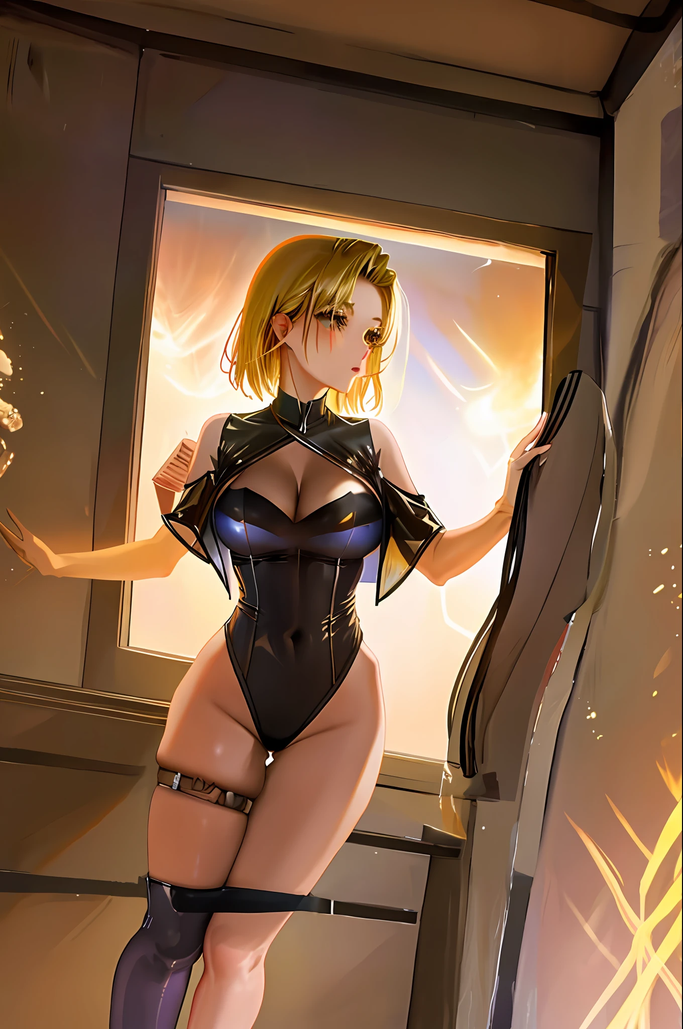 Latex leather clothing,Rounded thighs,Long legs,Burst breasts,short golden hair,high leotard