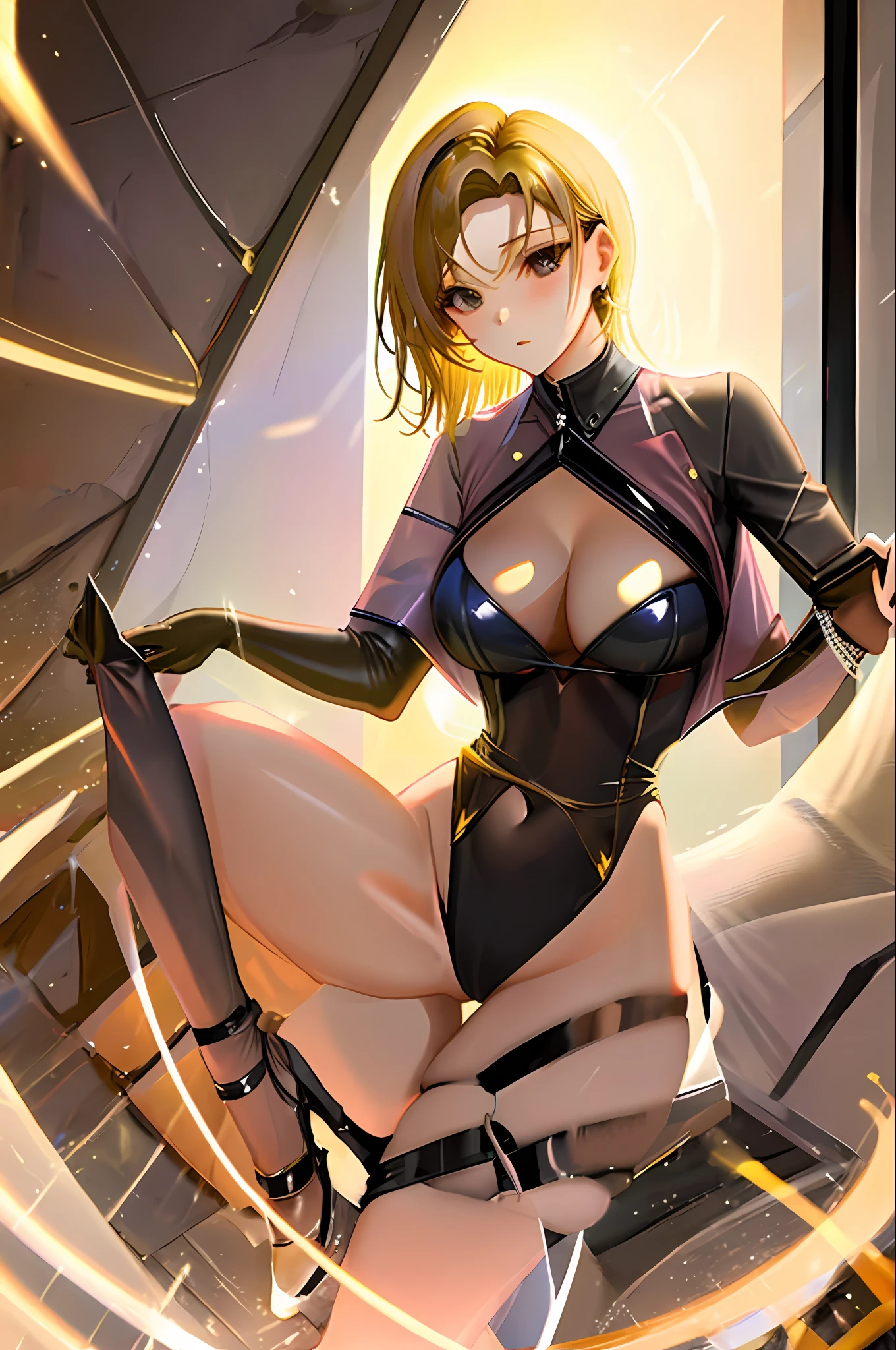 Latex leather clothing，Rounded thighs，Long legs，Burst breasts，short golden hair，high leotard