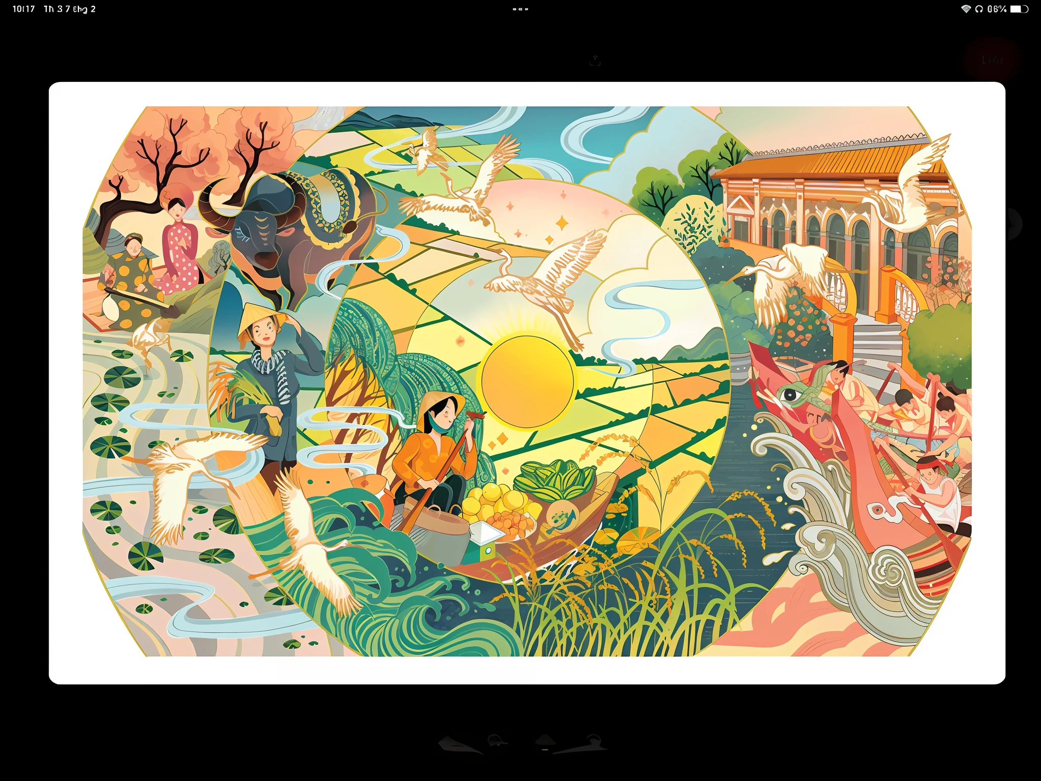 there is a picture of a painting on the screen of a tablet, inspired by Victo Ngai, victo ngai! cmyk palette, victo ngai and tristan eaton, botticelli and victo ngai, whole page illustration, victo ngai and surrealism, victo ngai style, a beautiful artwork illustration