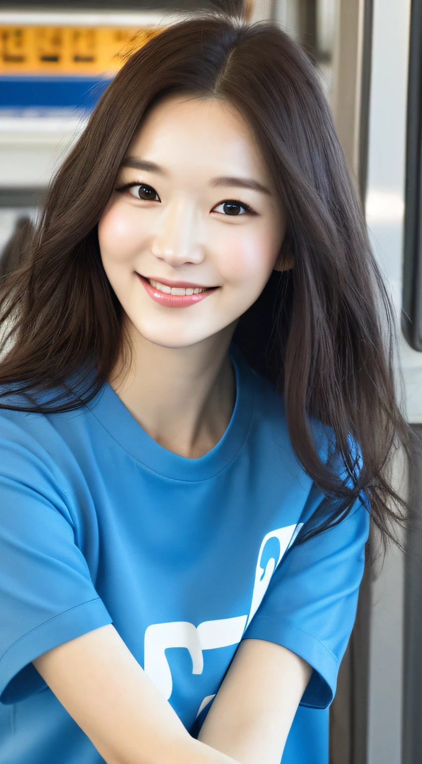 realistic photos of cute Korean star female, expressive hair, thin makeup, medium breasts size, slightly smile, shirt with rolled up sleeves, in the skytrain, clear facial features, Eye-Level Shot, dithering, UHD, masterpiece, super detail, best quality, highres, 16k,