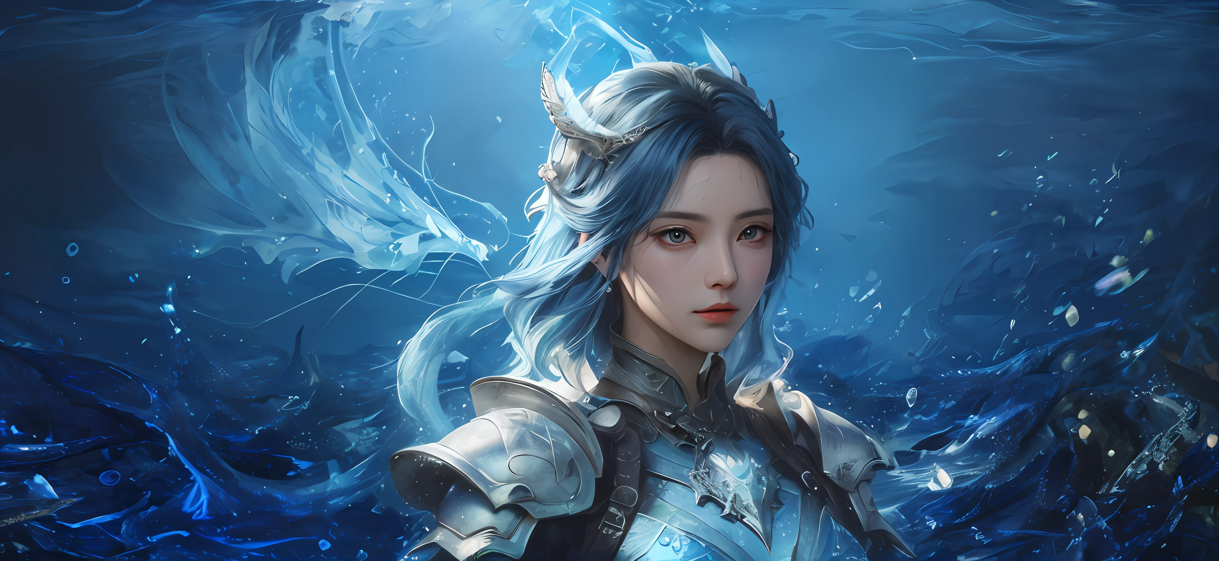 A girl with blue hair and armor on a dark blue background, queen of the sea mu yanling, Delicate and bright eyes，Moisturized lips，by Yang J, G Liulian art style, portrait of mermaid warrior, Fantasy art style, closeup fantasy with water magic, drak, By Li Song, Fanart Meilleure ArtStation, Epic fantasy art style HD, mystical atlantean valkyrie