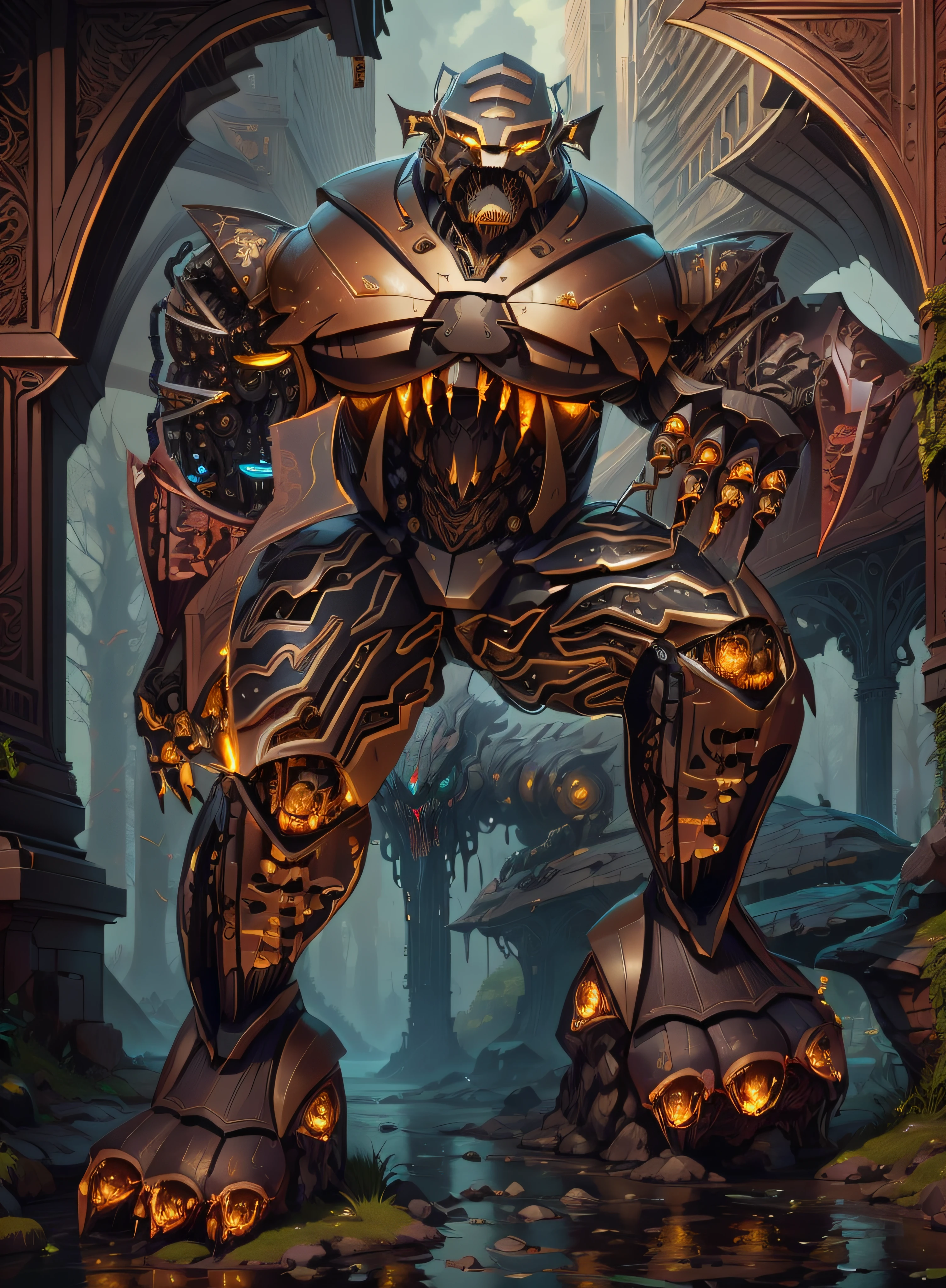 there is a digital painting of a robot with a red light, nanotech demonic monster horror, fat ripped satanic creature, Modo Evangelion Beast, um lobo mosquito humanoide, transformando-se em sua forma final, depraved cybernetic demon, Transformers Beast Wars, Criatura de Golem de Fogo, Guerras de bestas, sfw version, robot monster in background, Giratina