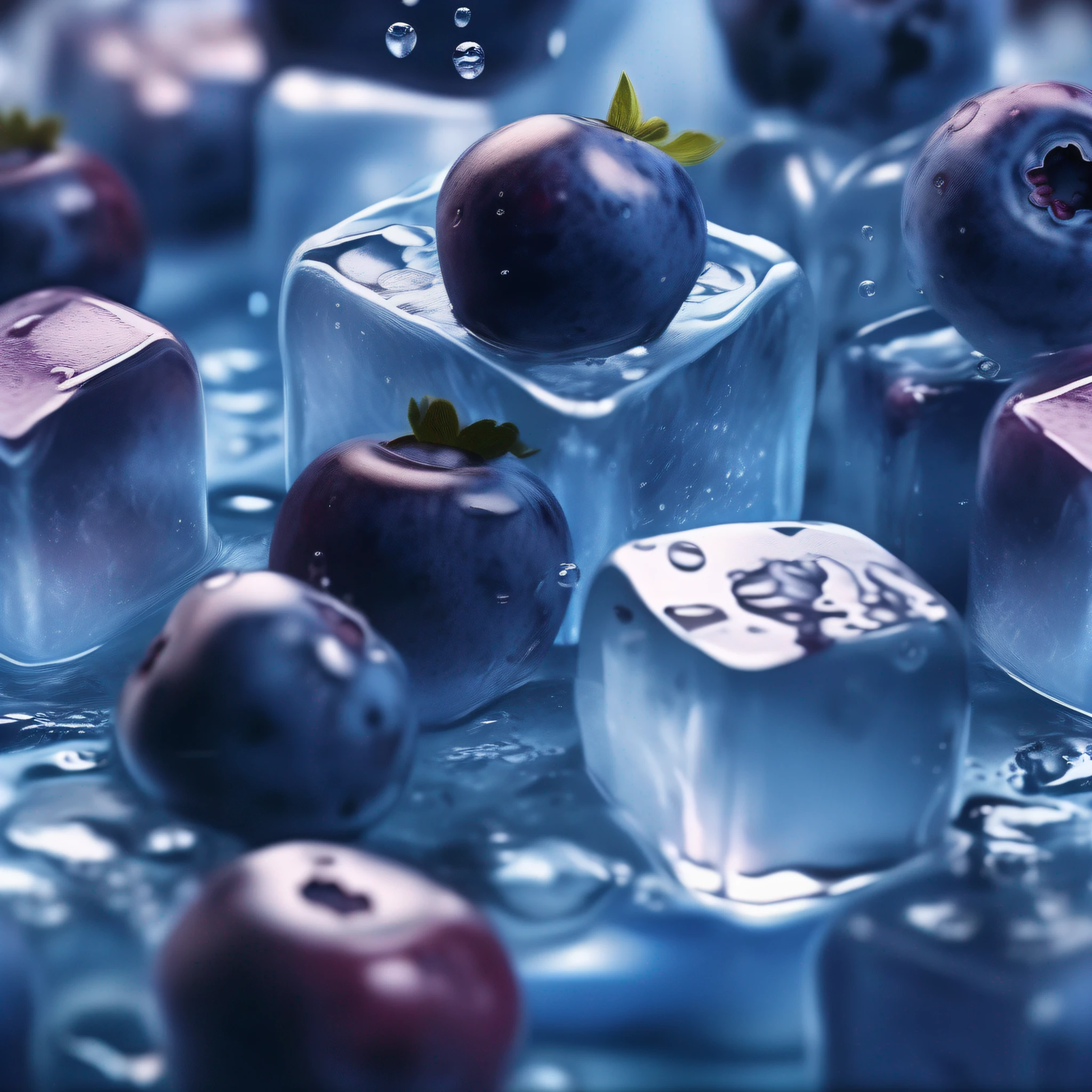 Ice cubes are soaked in the liquid,And blueberries,professional colour grading,🧊🫐,high definiton,Ultra-realistic art style