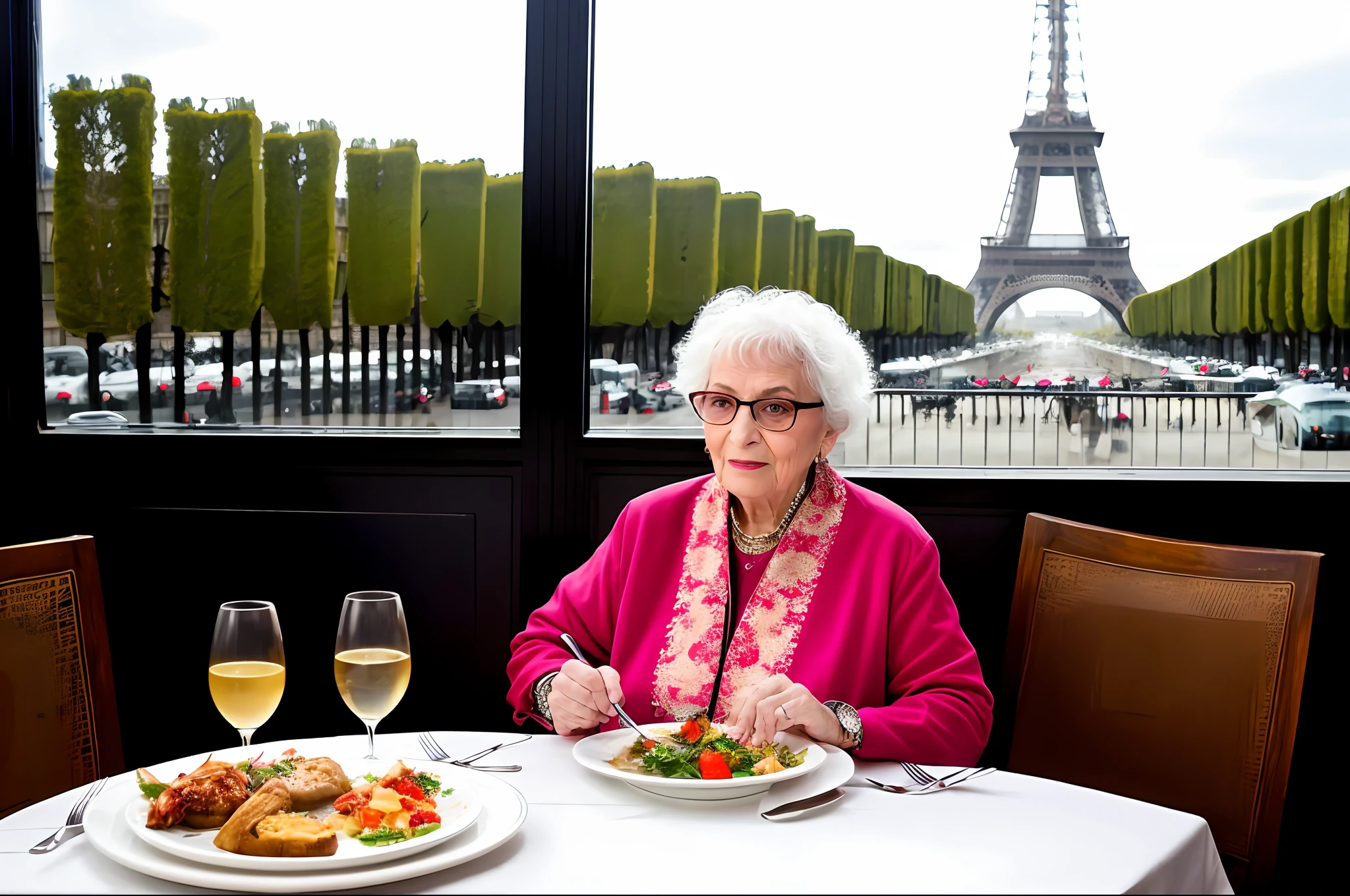 OriginalPhoto,  1 old woman wearing xifu having dinner at a fancy restaurant in Paris, with Eiffel Tower out of the window in the background (High Detail Skins:1.2), 8K  UHD, Digital SLR, Soft lighting, High quality