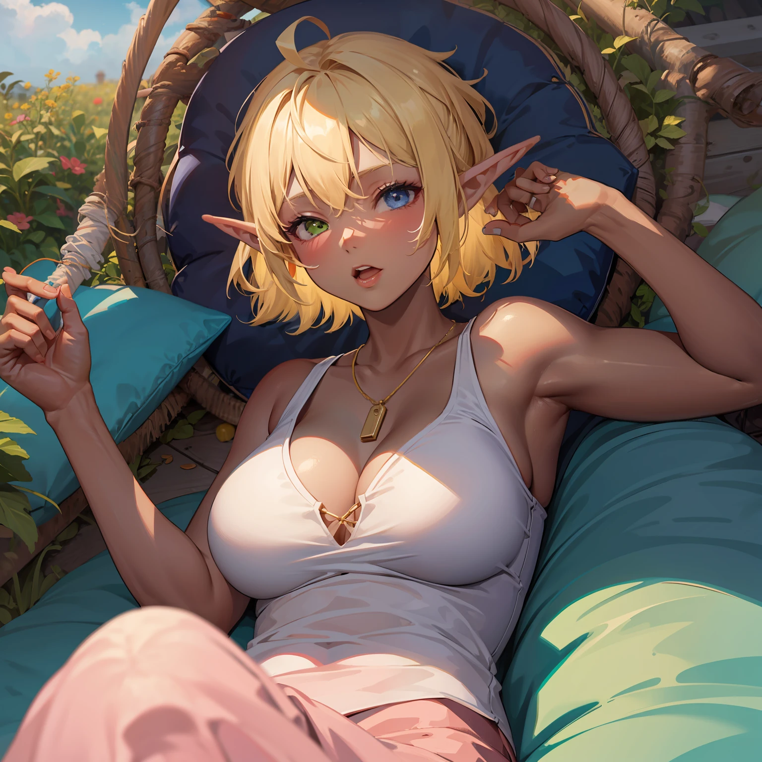 high-re, sharp-focus, pixiv's masterpiece, ((complicated detail)), extremly detailed, pointy ear, Heterochromia, 独奏, bronde hair, Green eyes, Blue Eye, Ahoge, 1girls, shorth hair, elvish, Dark skinned, Whole human body, woman kngiht,HugeBoobs、Pink pajamas、Sleeping in a hammock、During sleep、Aura of Overlord、