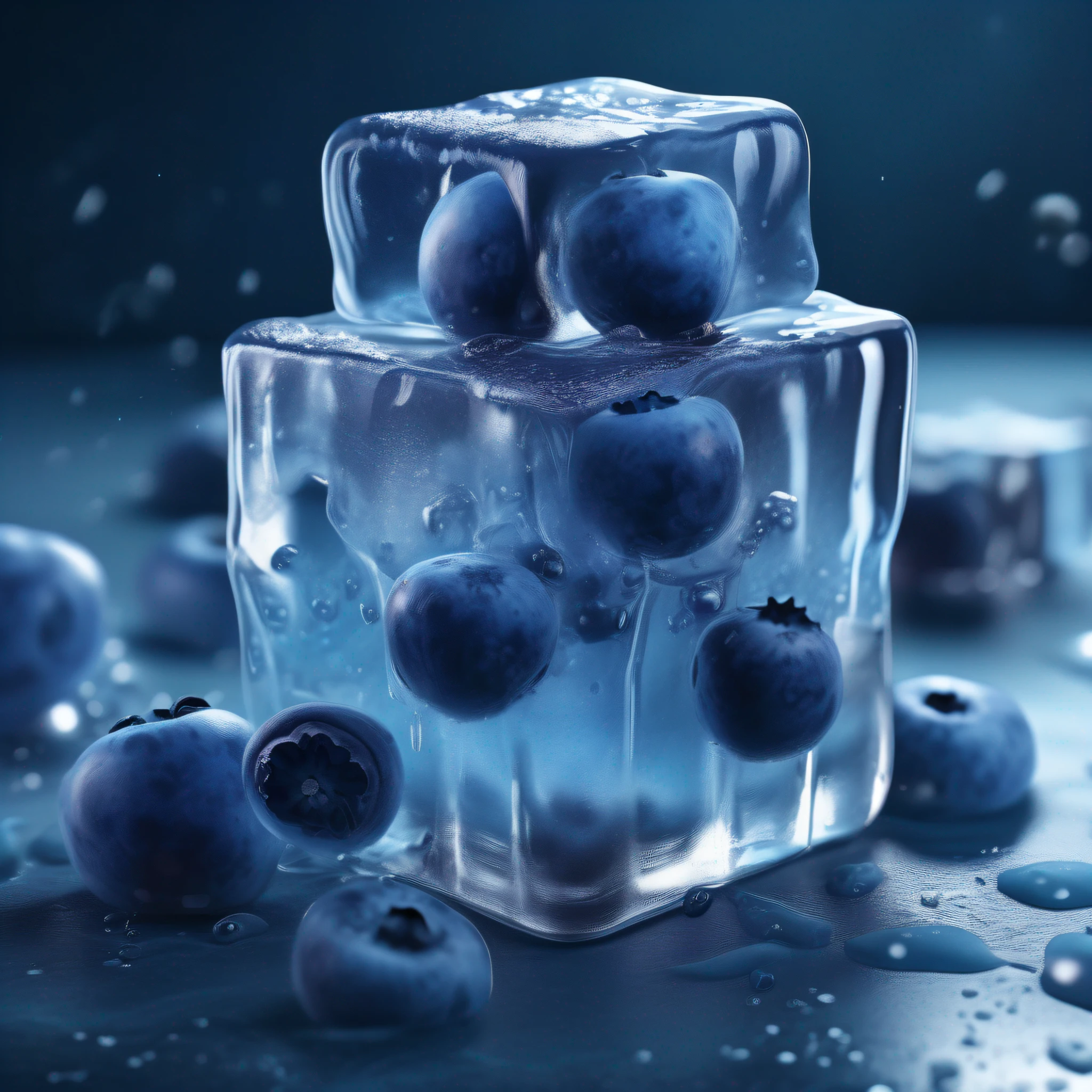 Ice cubes are soaked in the liquid,And blueberries,professional colour grading,🧊🫐,high definiton,Ultra-realistic art style