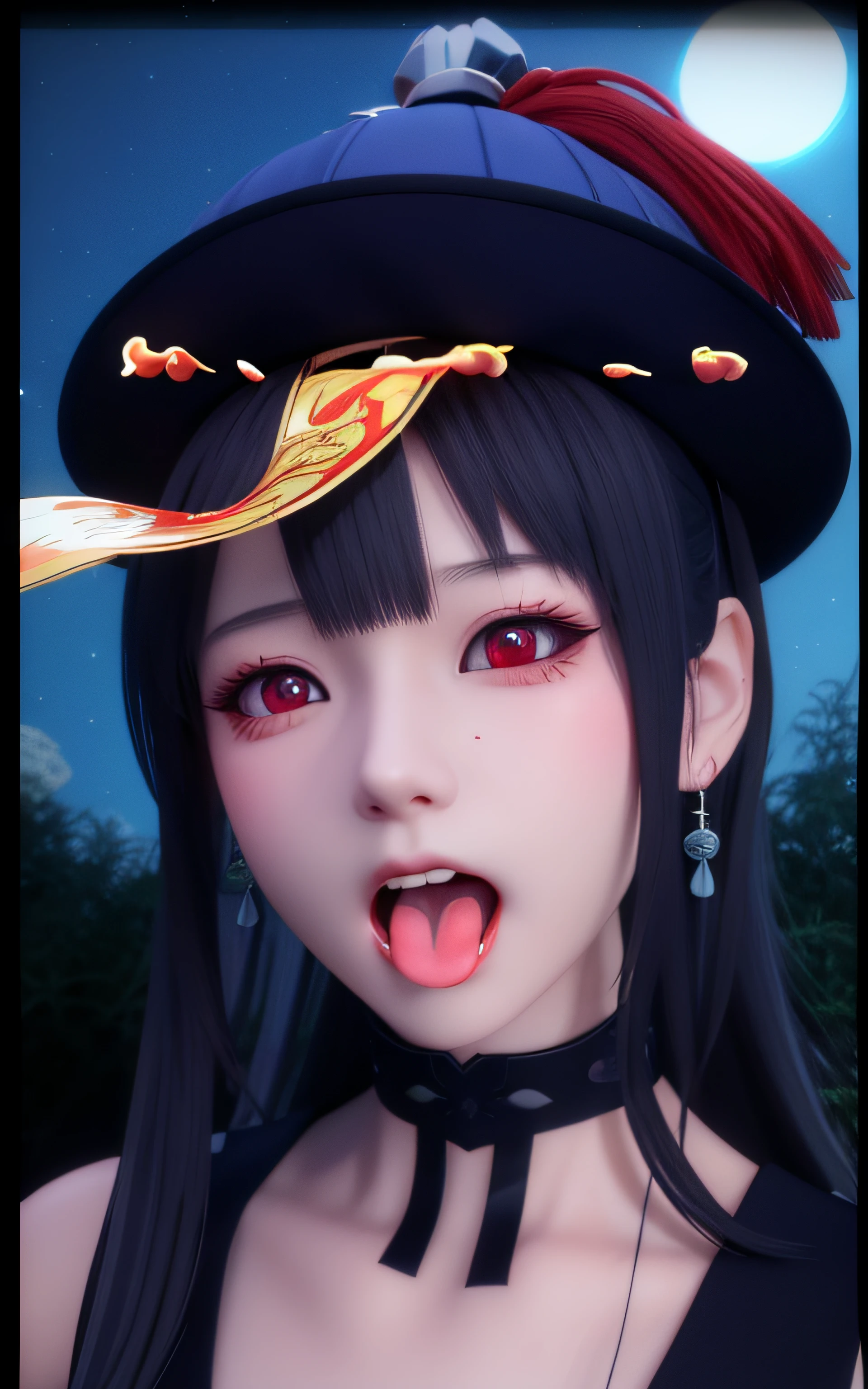 anime girl with a hat on her head sticking out her tongue, with glowing red eyes, with red glowing eyes, ahegao, Inspired by Song Maojin, ahegao face, red eyes glowing, Realistic anime 3 D style, Glowing red eyes, inspired by Li Mei-shu, red luminous eyes, red - eyed, Red-eyed, Anime style. 8K